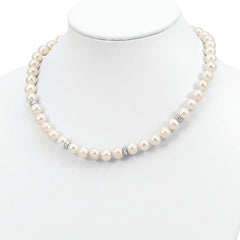 Sterling Silver Rhod-plat 9-10mm White Near Round FWC Pearl CZ Necklace