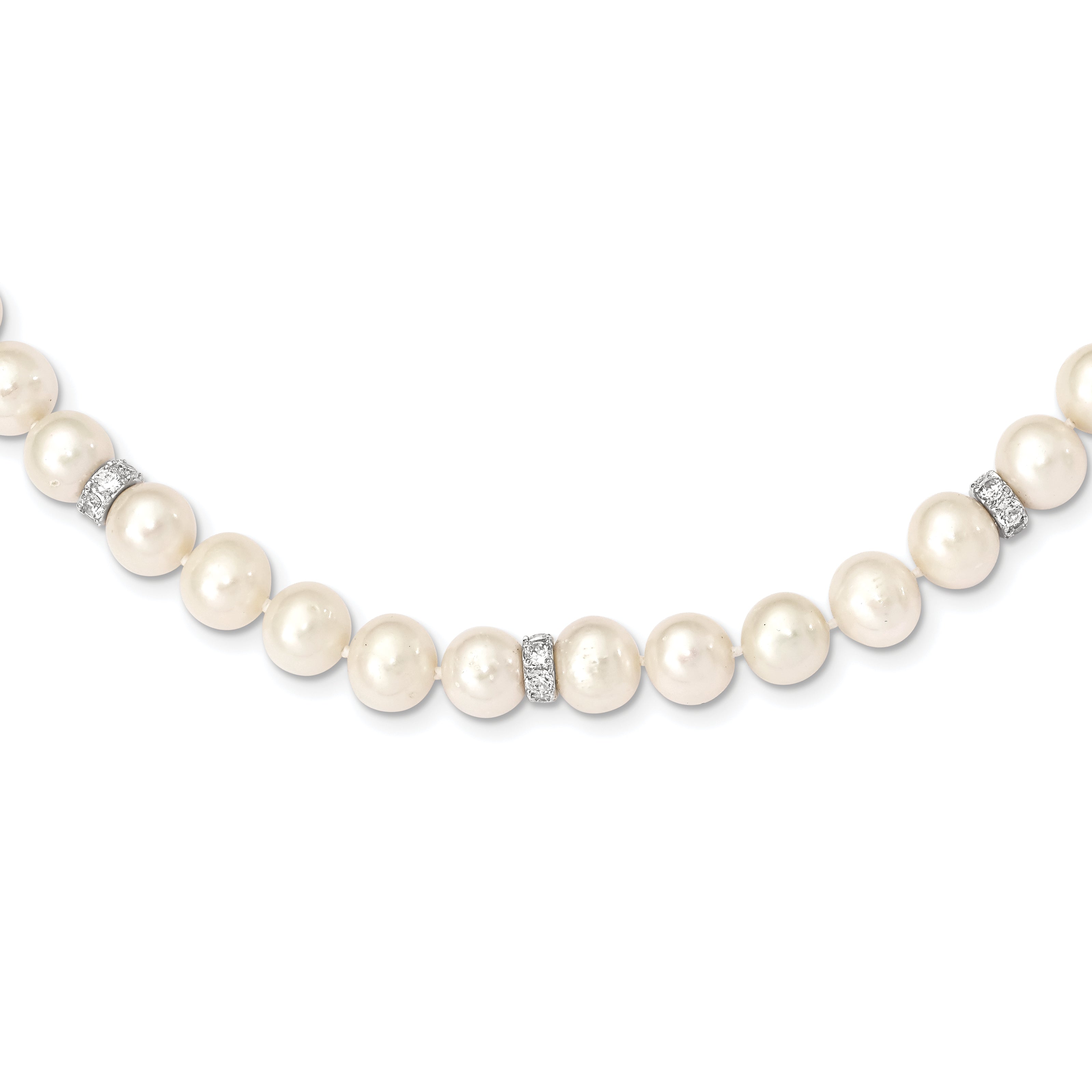 Sterling Silver Rhod-plat 9-10mm White Near Round FWC Pearl CZ Necklace