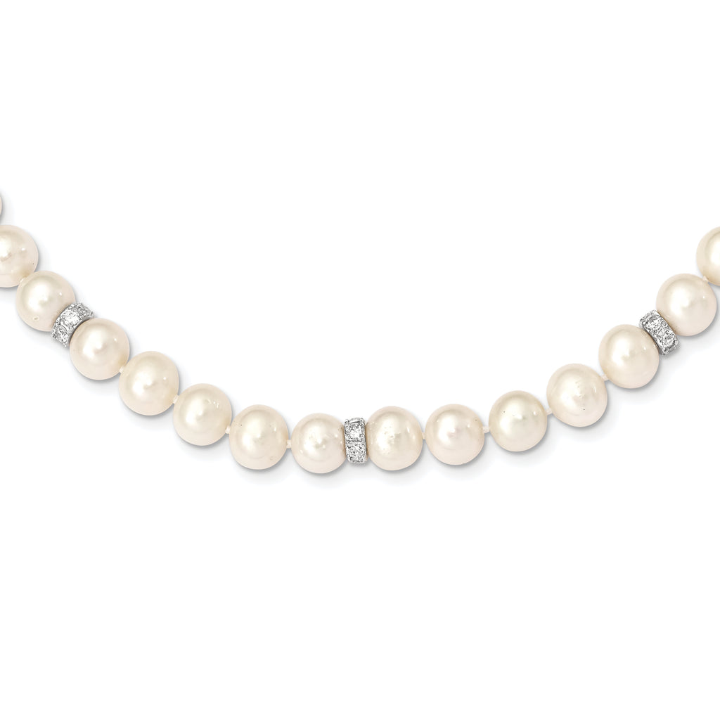 Sterling Silver Rhod-plat 9-10mm White Near Round FWC Pearl CZ Necklace