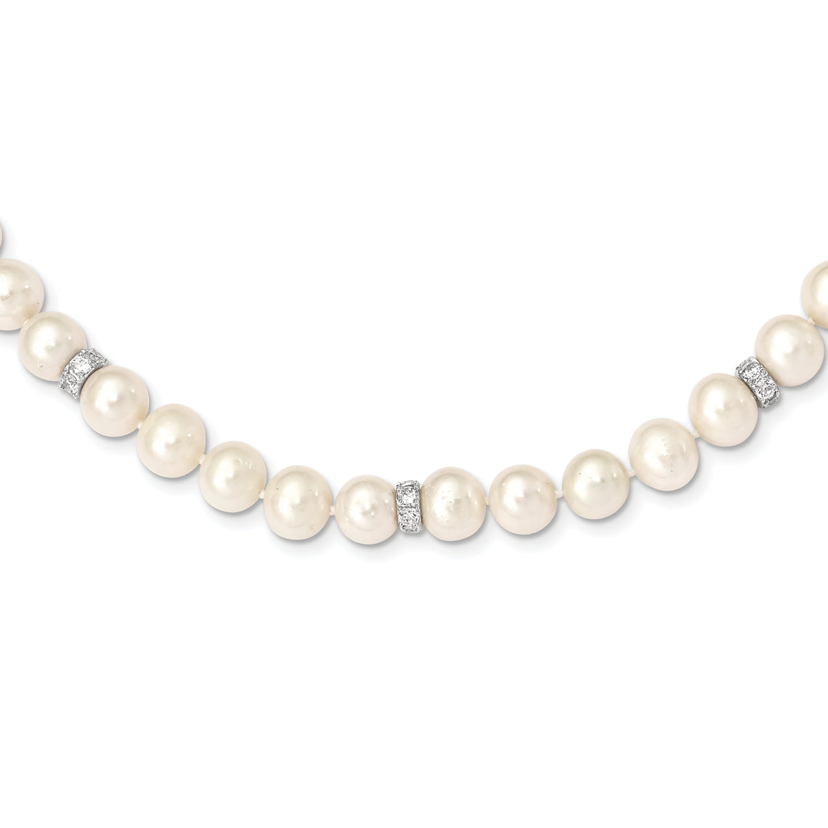 Sterling Silver Rhod-plat 9-10mm White Near Round FWC Pearl CZ Necklace