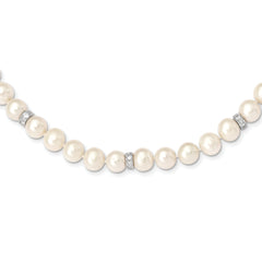 Sterling Silver Rhod-plat 9-10mm White Near Round FWC Pearl CZ Necklace