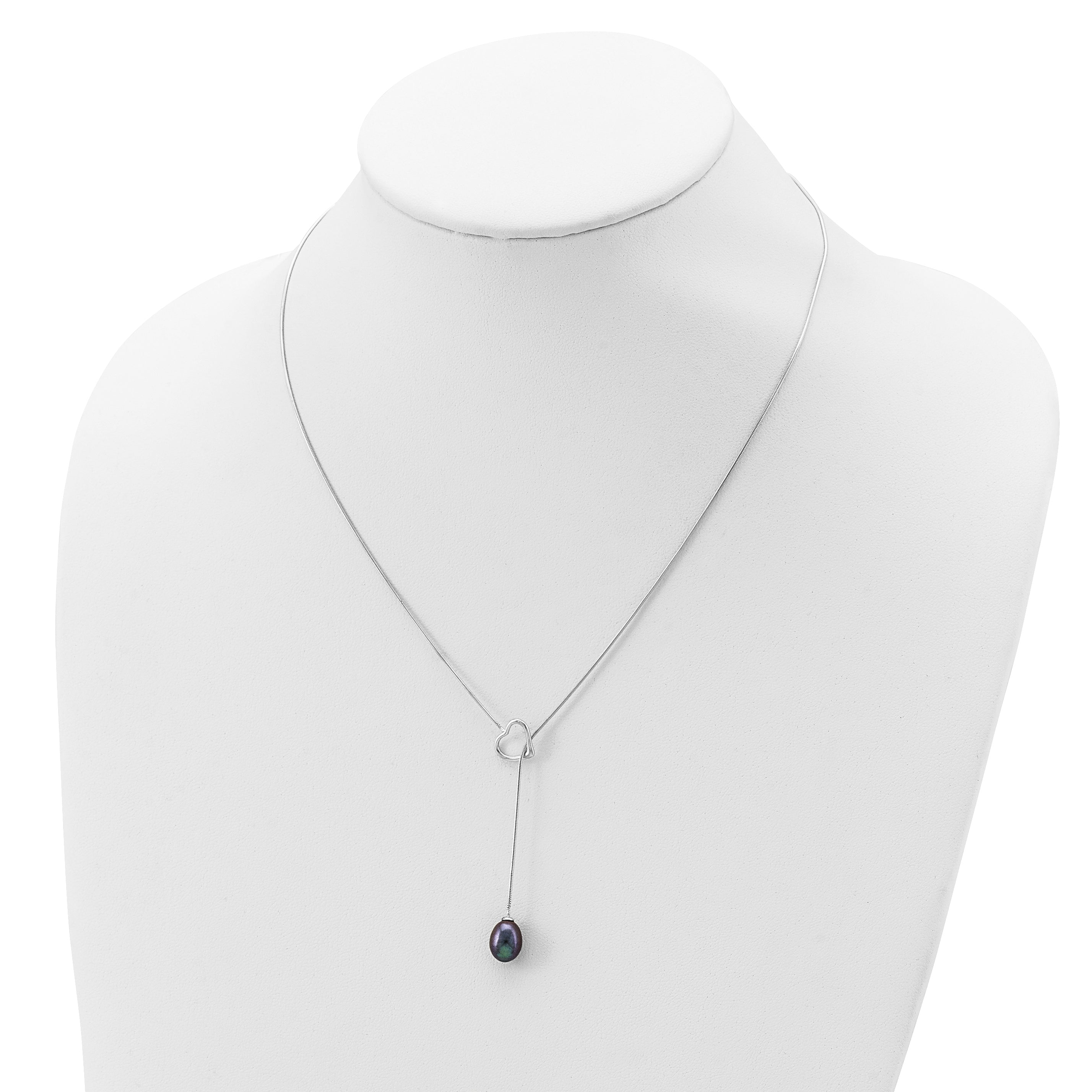 Sterling Silver Rhodium-plated 7-8mm Black FWC Pearl Drop Heart Necklace