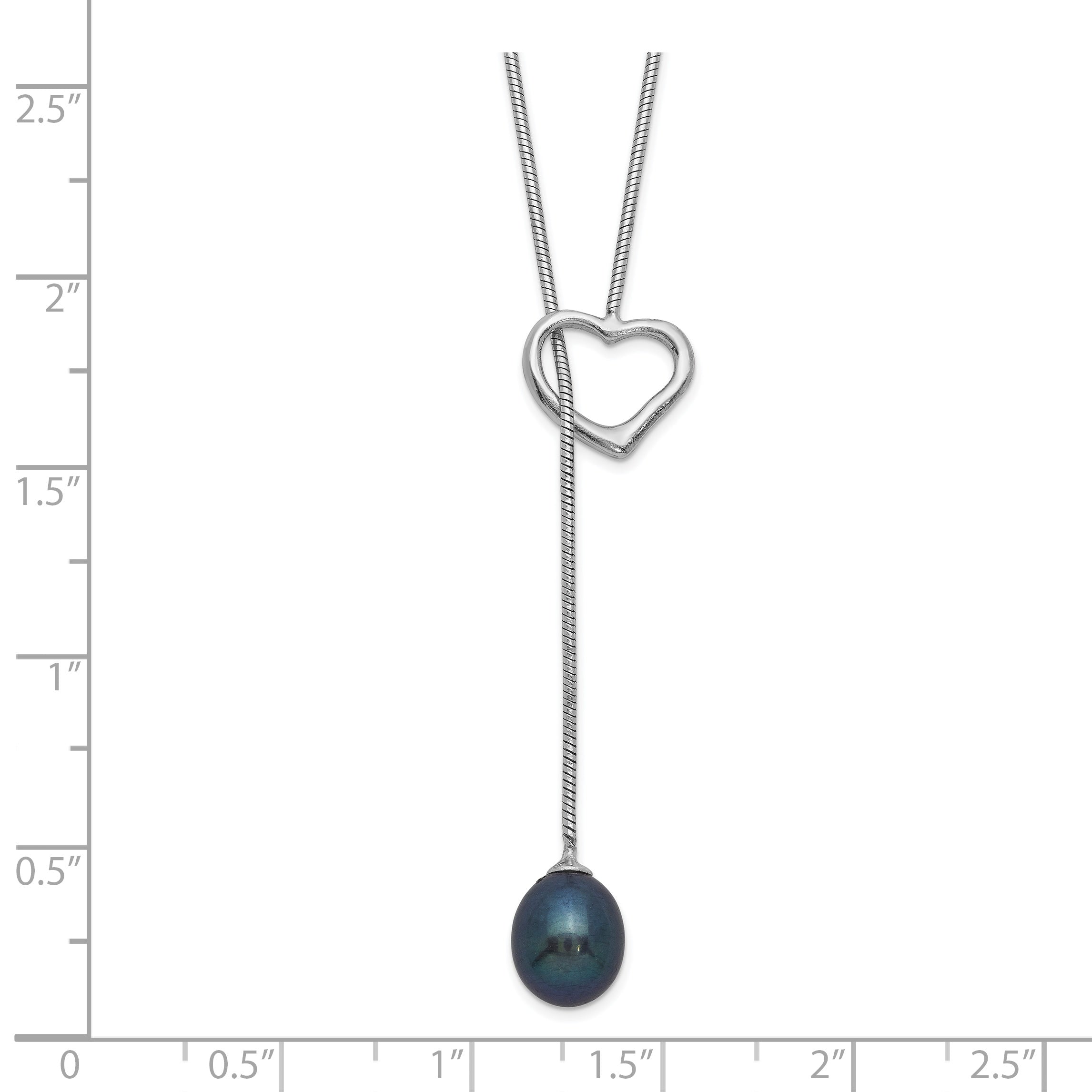 Sterling Silver Rhodium-plated 7-8mm Black FWC Pearl Drop Heart Necklace Secondary image