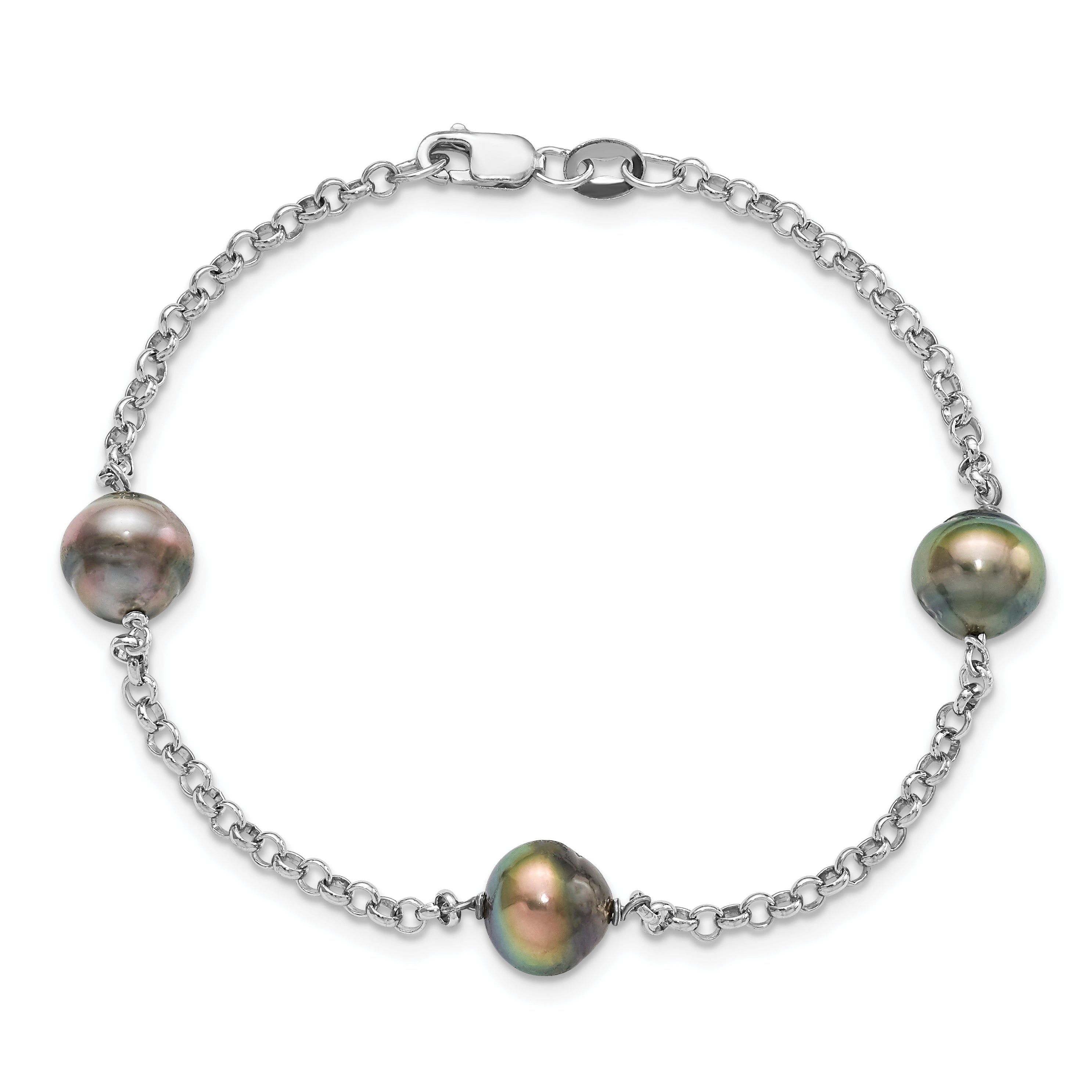 Sterling Silver Rhodium 8-9mm Baroque 3stat Tahit Saltwater Pearl Bracelet - 7.5