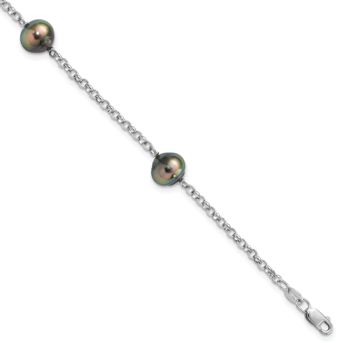 Sterling Silver Rhodium 8-9mm Baroque 3stat Tahit Saltwater Pearl Bracelet