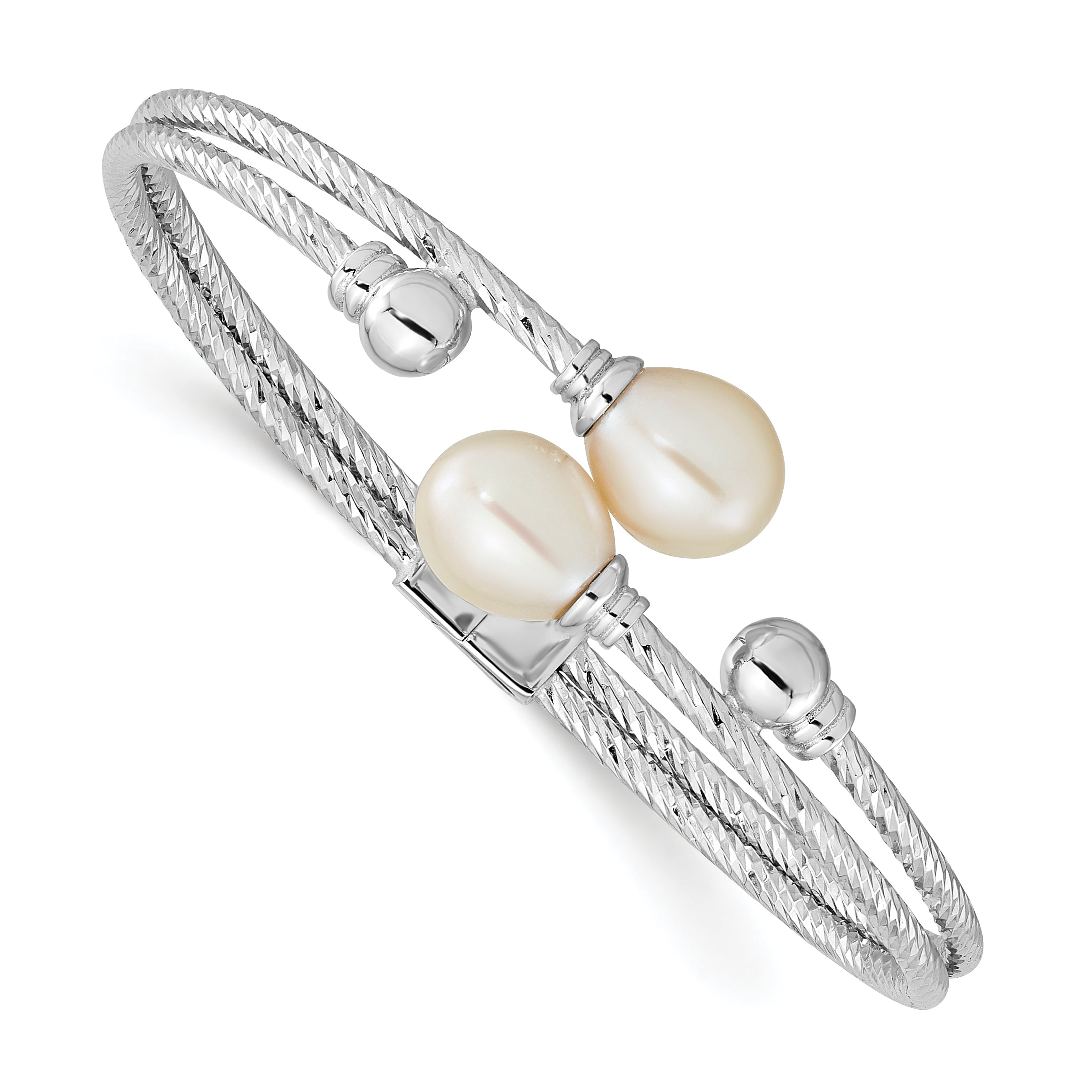 Sterling Silver Rhod-pl 8x10mm White Teardrop FWC Pearl Hinged Bangle
