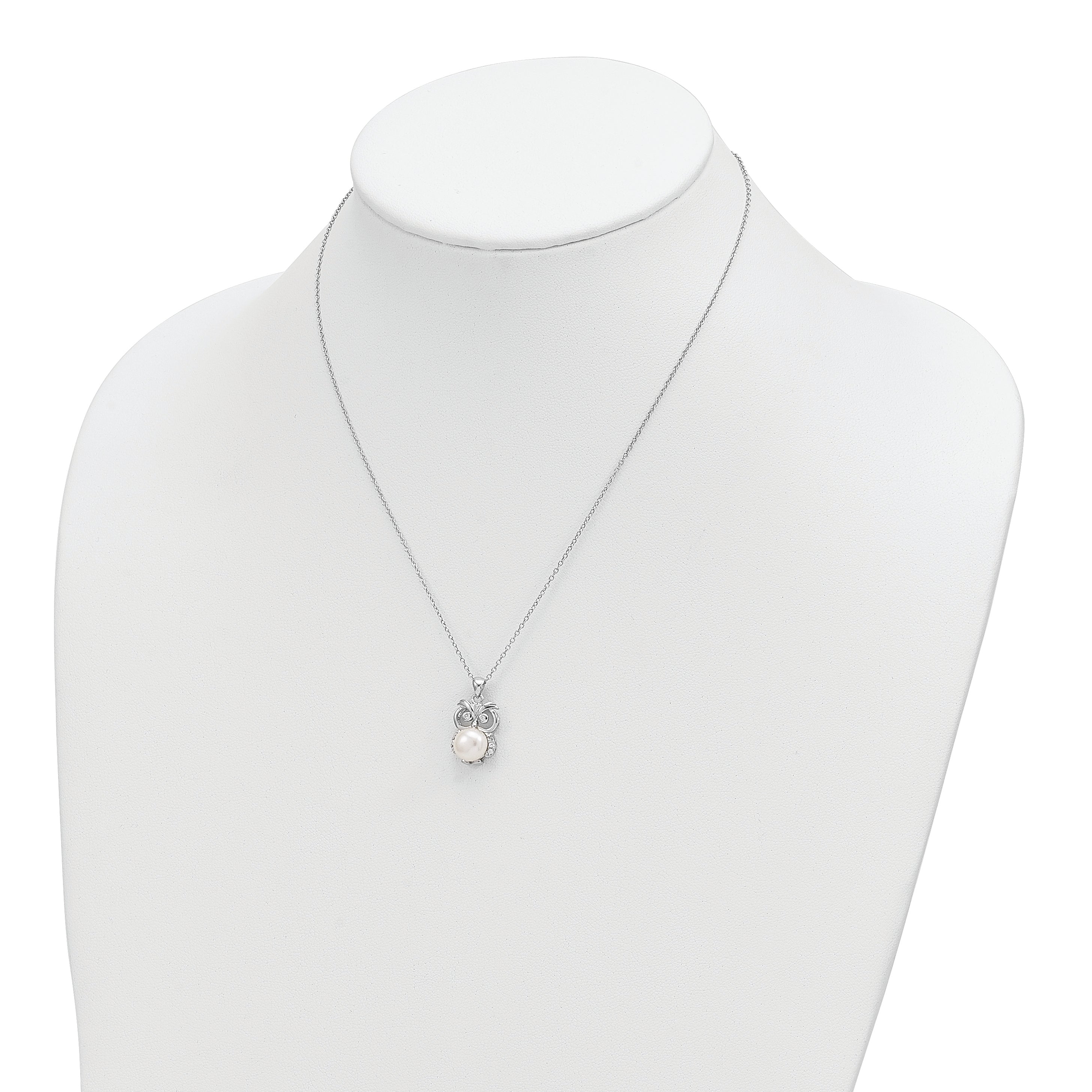 Sterling Silver Rhodium-plated CZ 8-9mm White Button FWC Pearl Owl Necklace
