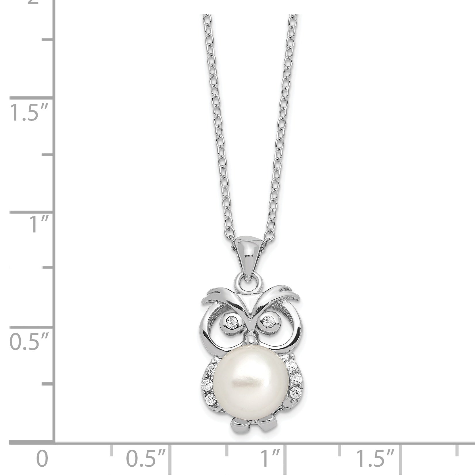 Sterling Silver Rhodium-plated CZ 8-9mm White Button FWC Pearl Owl Necklace