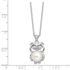 Sterling Silver Rhodium-plated CZ 8-9mm White Button FWC Pearl Owl Necklace