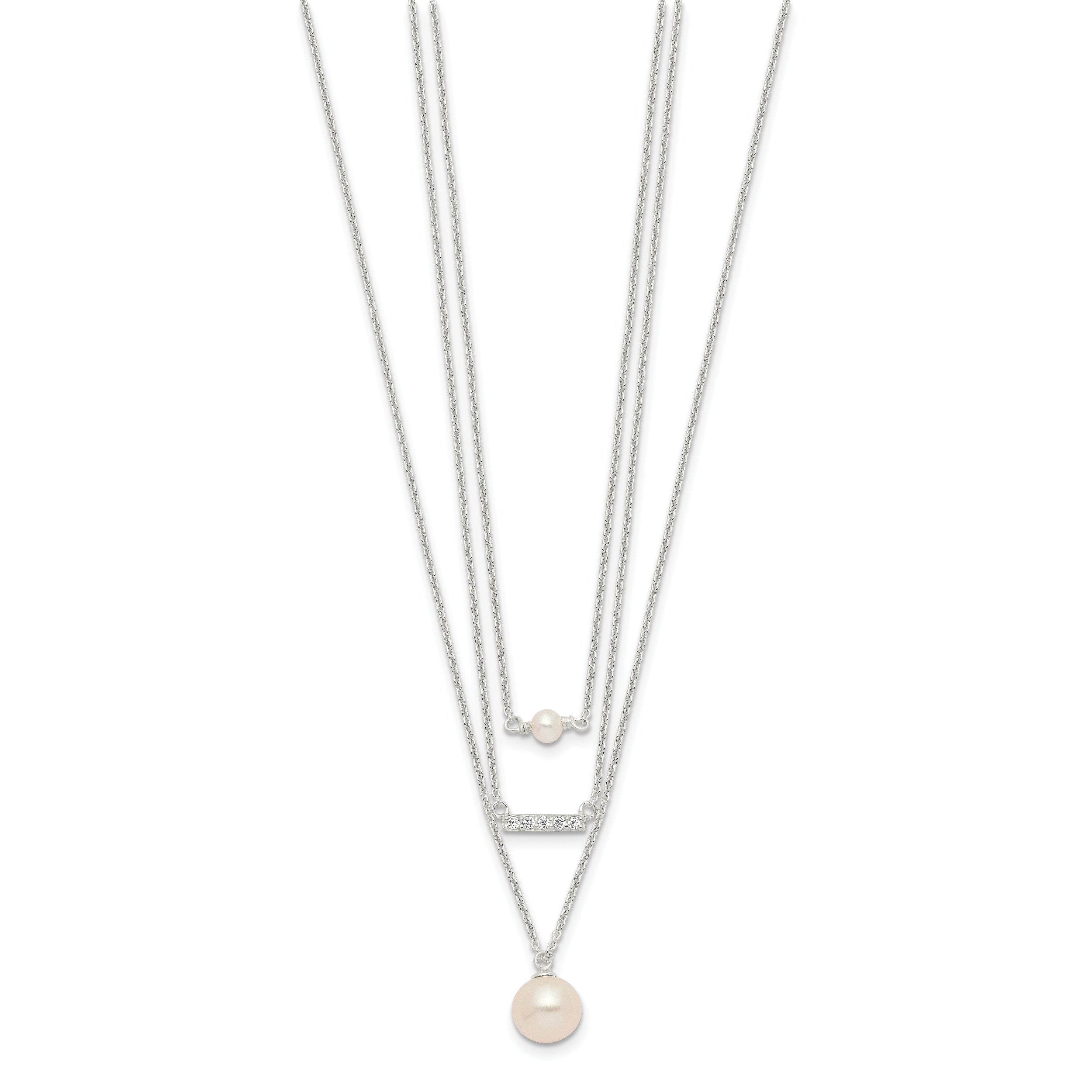 Sterling Silver Rhodium-plated Multi Strand CZ and Glass Pearl Necklace
