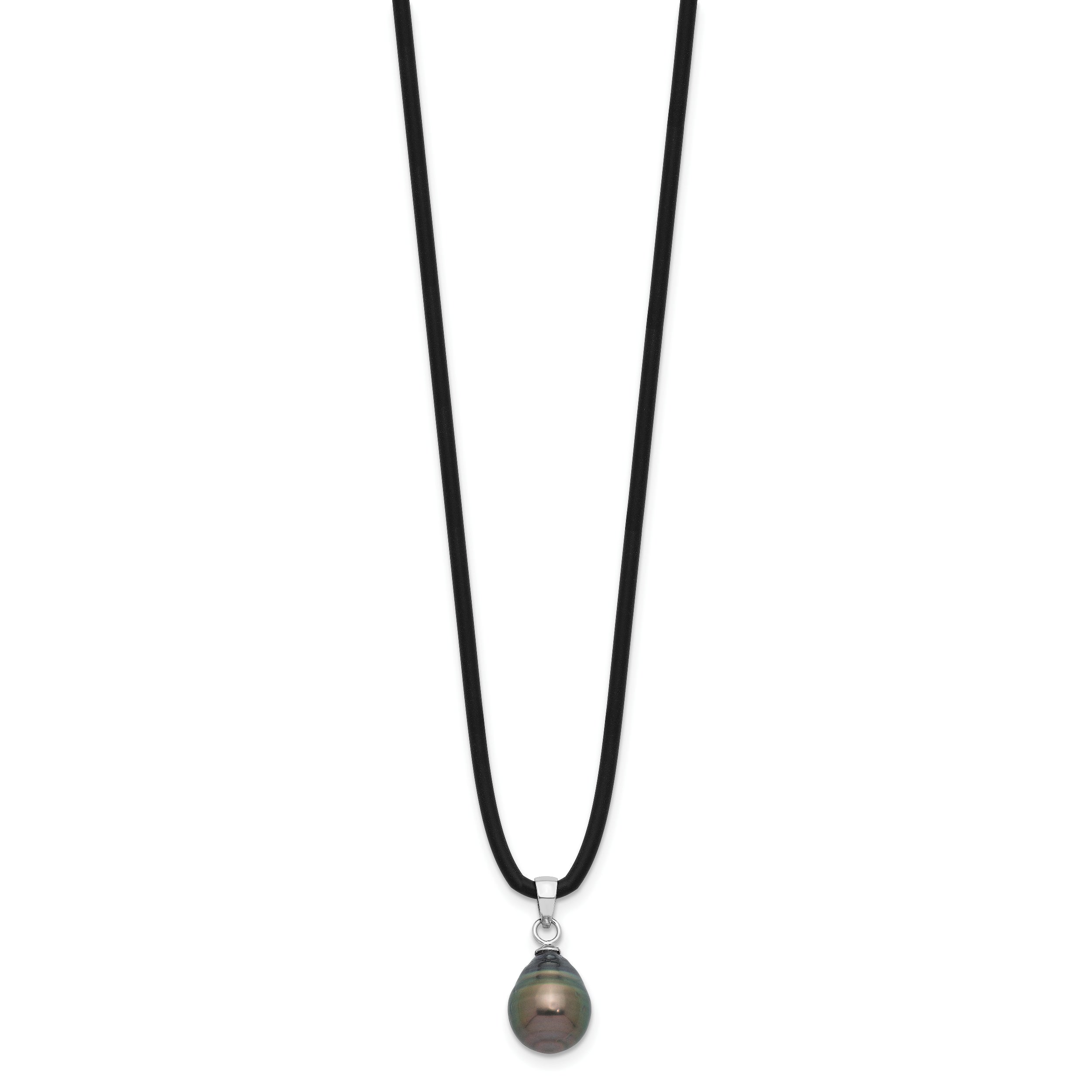 Sterling Silver RH-plated Tahitian Pearl 18in Black Silicone Necklace