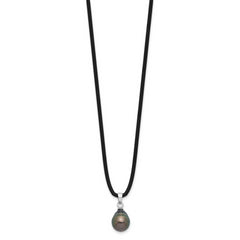 Sterling Silver RH-plated Tahitian Pearl 18in Black Silicone Necklace