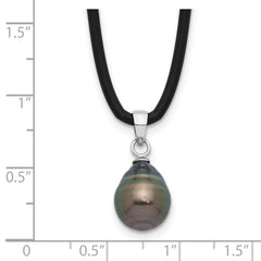 Sterling Silver RH-plated Tahitian Pearl 18in Black Silicone Necklace