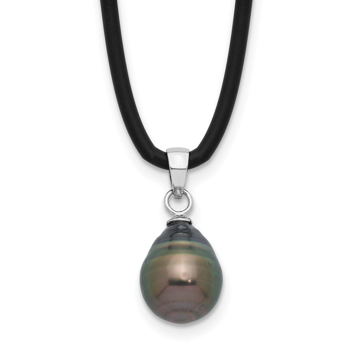 Sterling Silver RH-plated Tahitian Pearl 18in Black Silicone Necklace