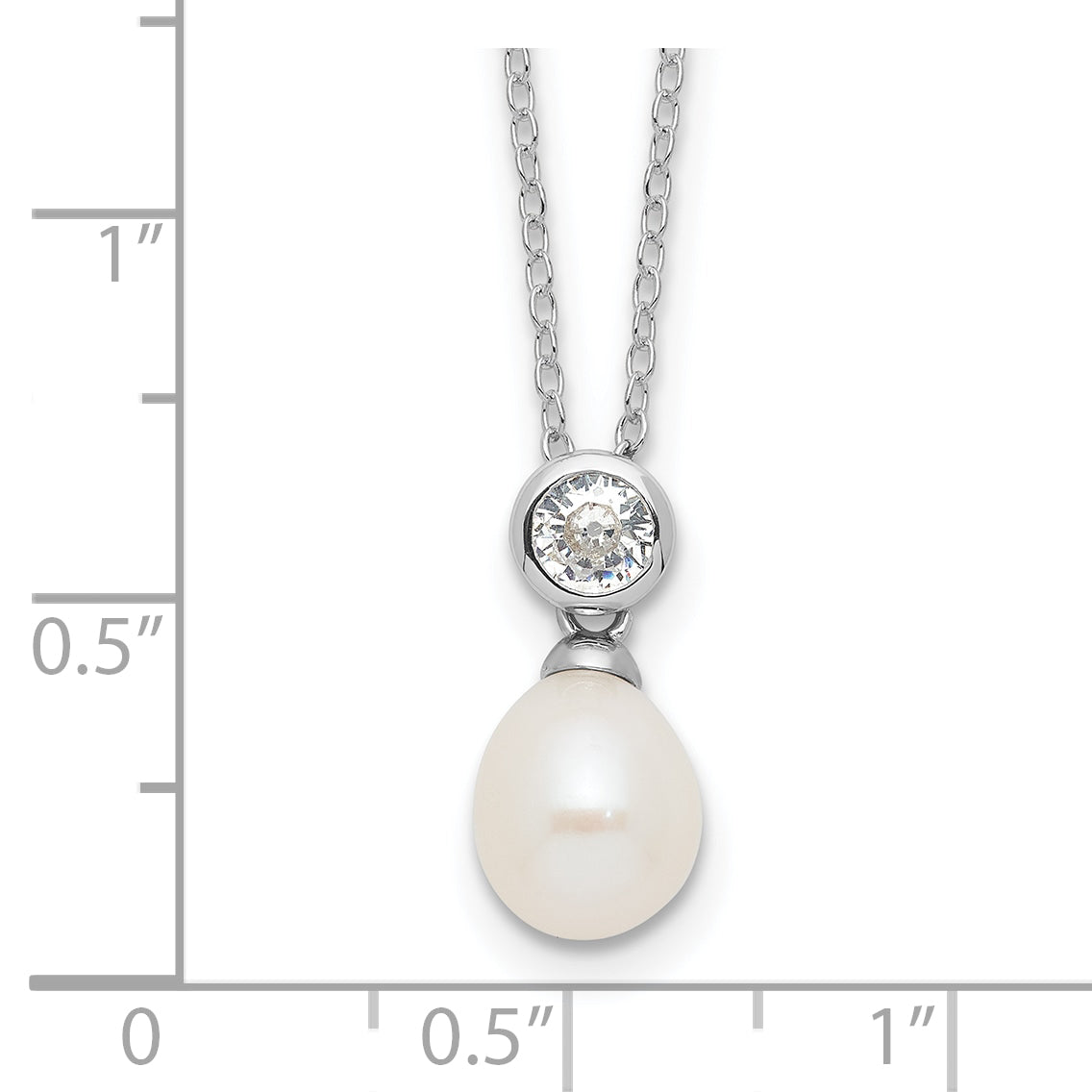 Sterling Silver RH-plated 7-8mm White Rice FWC Pearl/CZ 17in Necklace