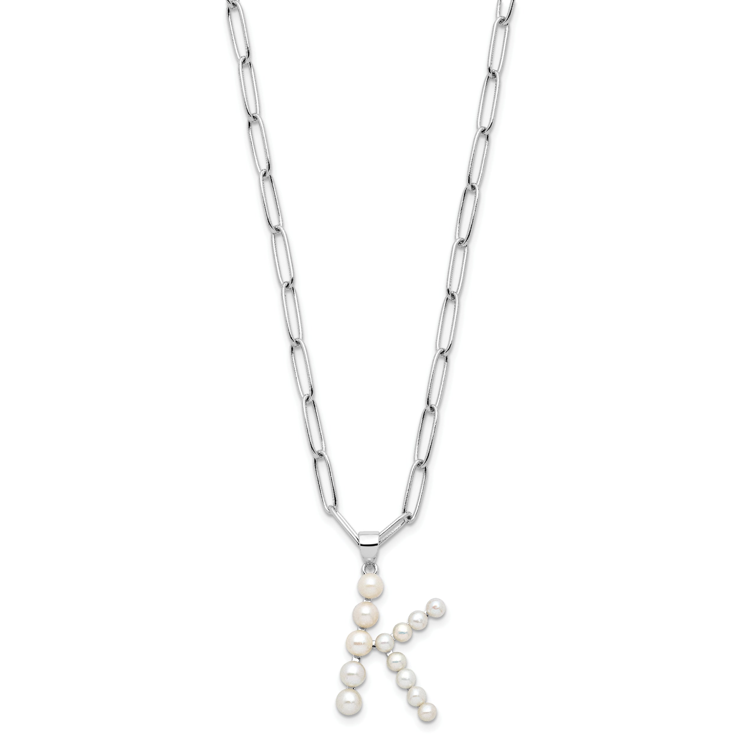 Sterling Silver RH-plated 3-5.5mm FWC Pearl LETTER K 18in Necklace