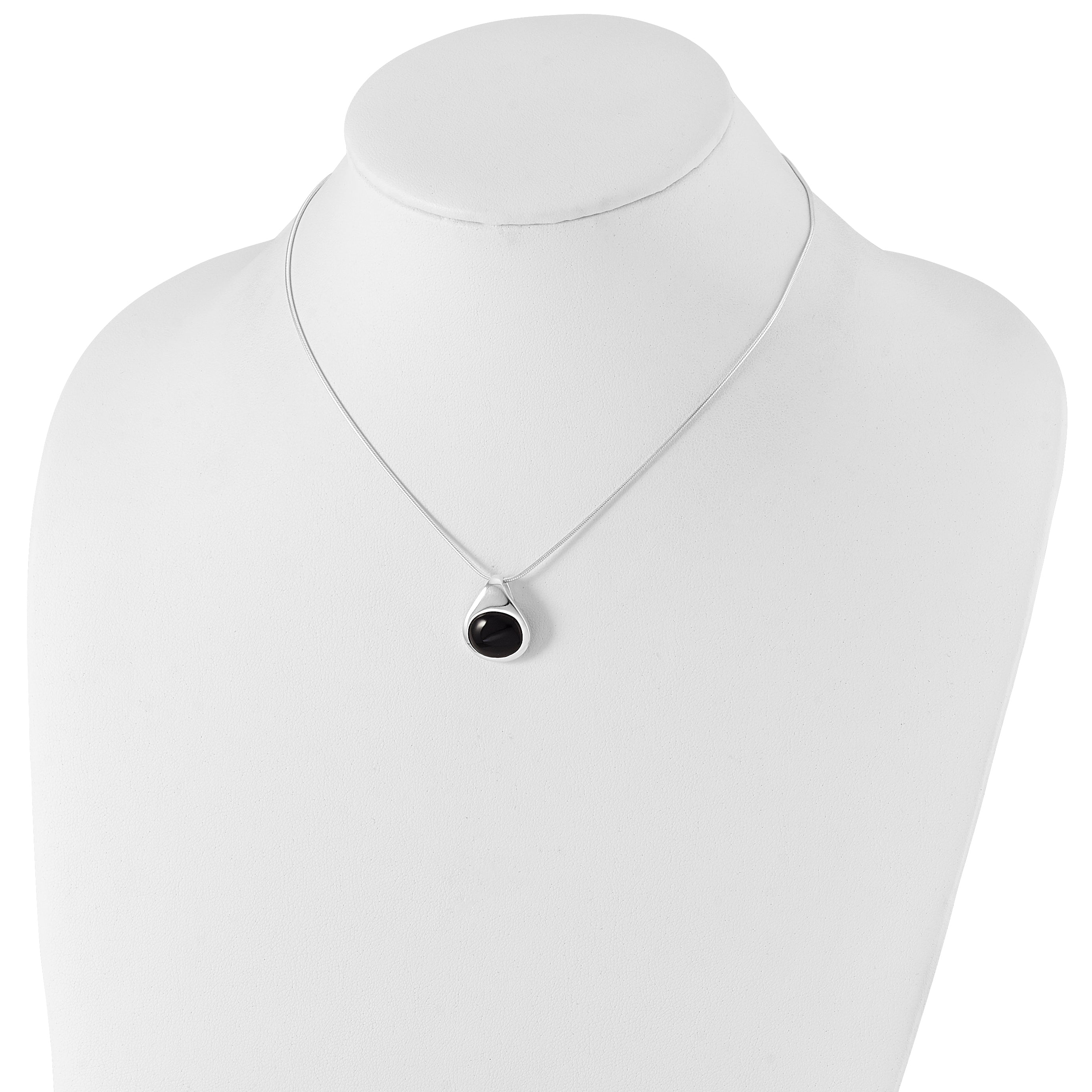 Sterling Silver Onyx Pendant Necklace with Polished Rhodium Finish - 16