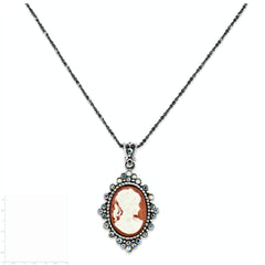 Sterling Silver Cameo Necklace with Antiqued Finish and CZ Embellishment - 16