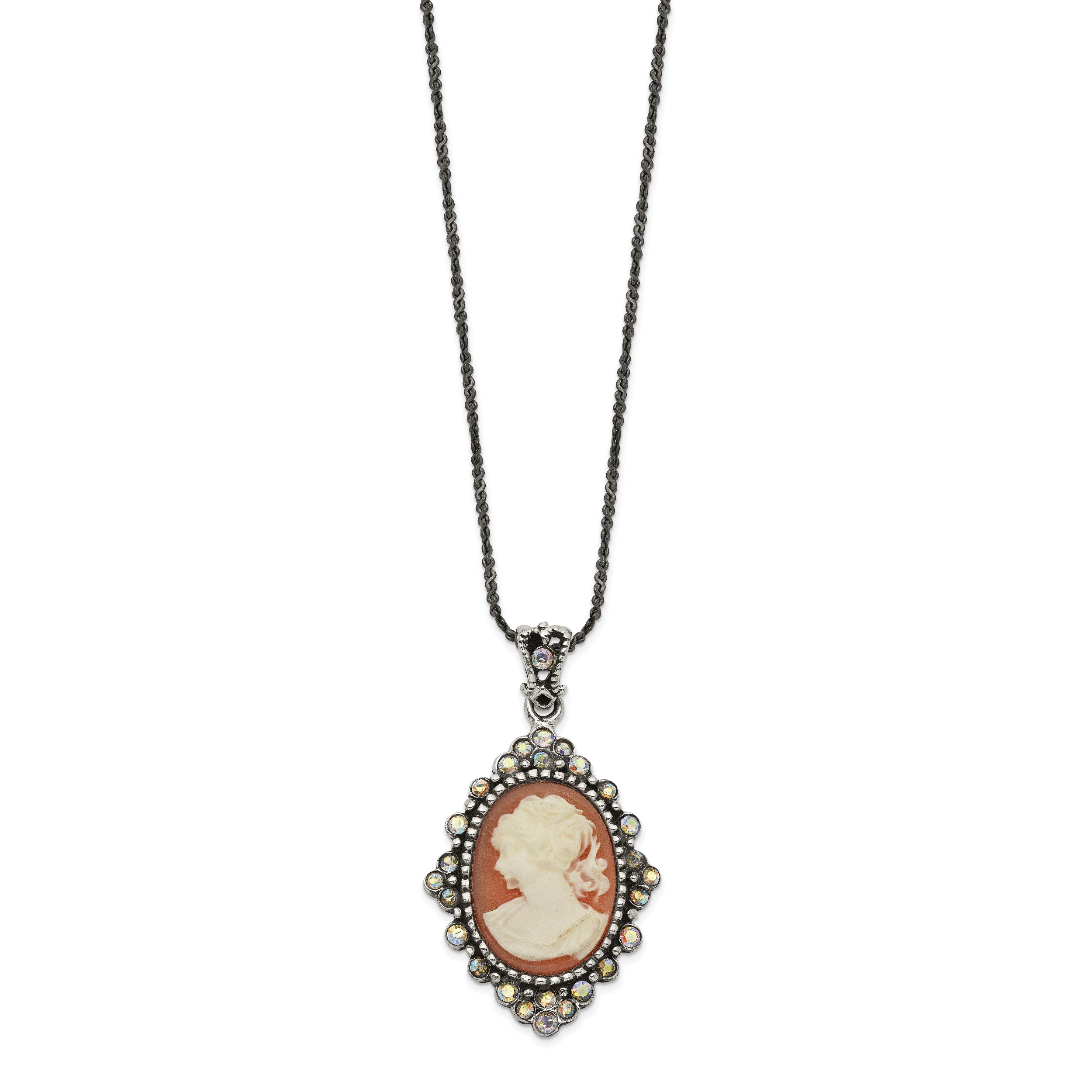 Sterling Silver Cameo Necklace with Antiqued Finish and CZ Embellishment - 16
