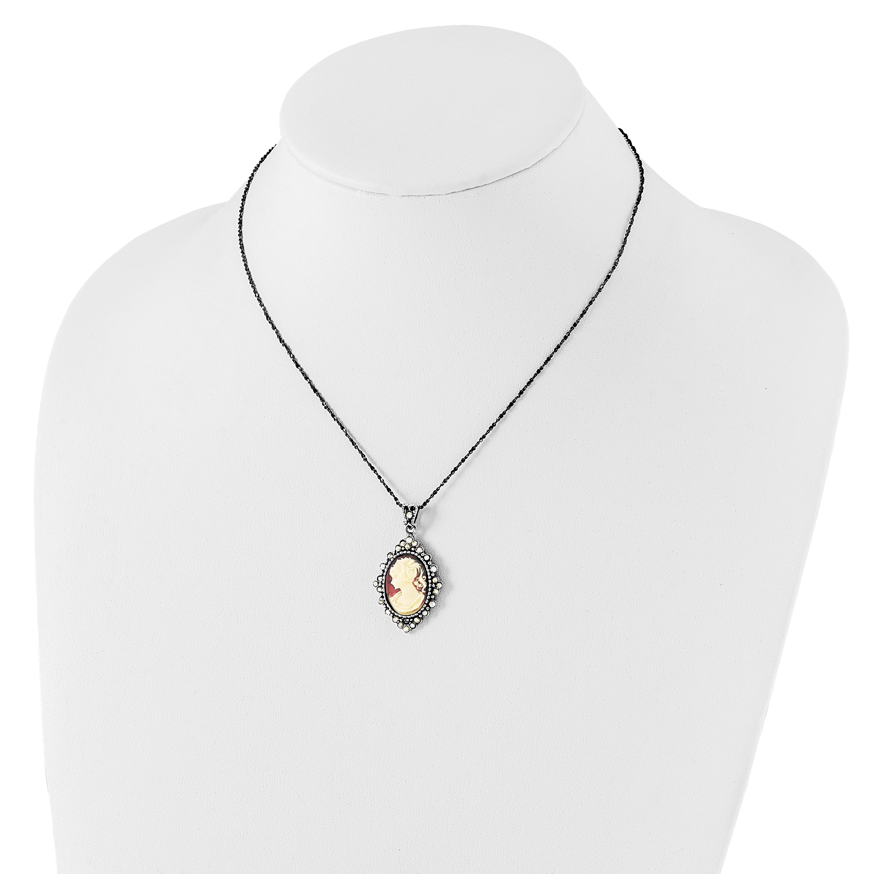 Sterling Silver Cameo Necklace with Antiqued Finish and CZ Embellishment - 16