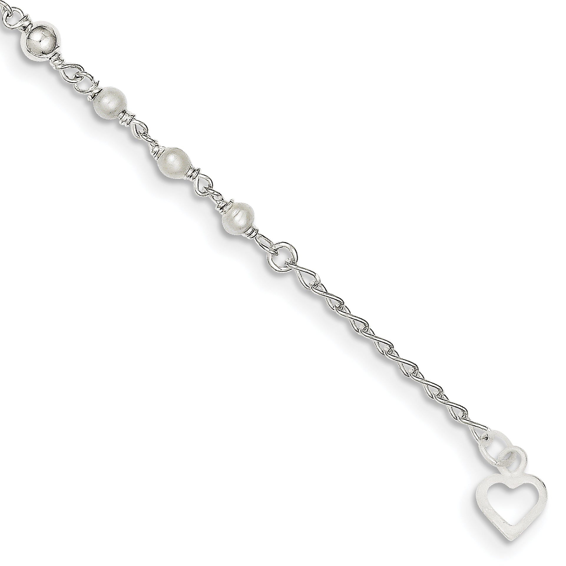 Sterling Silver Polished 9in Plus 1in ext FWC Pearl and Heart Anklet Secondary image