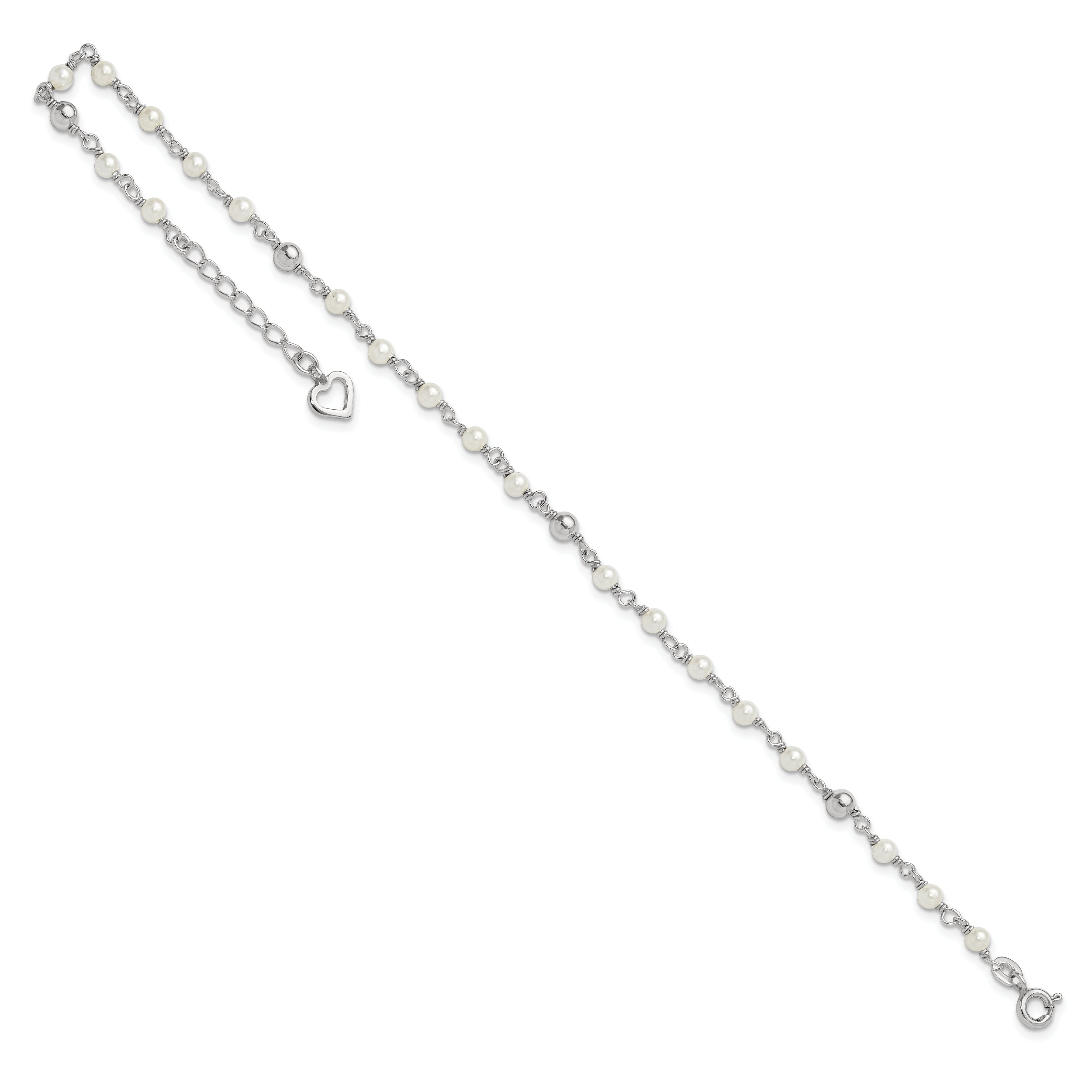 Sterling Silver Polished 9in Plus 1in ext FWC Pearl and Heart Anklet