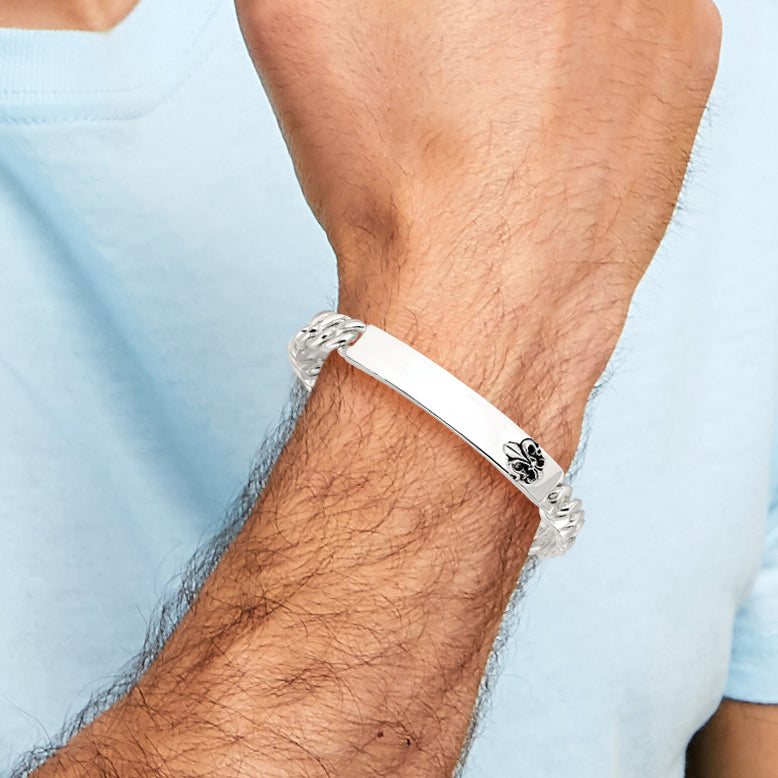 Sterling Silver Enameled Fleur-de-lis ID Men's Bracelet
