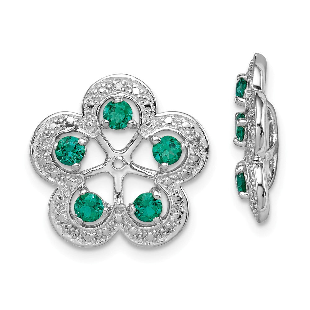 Sterling Silver Rhodium Diamond and Created Emerald Earring Jacket