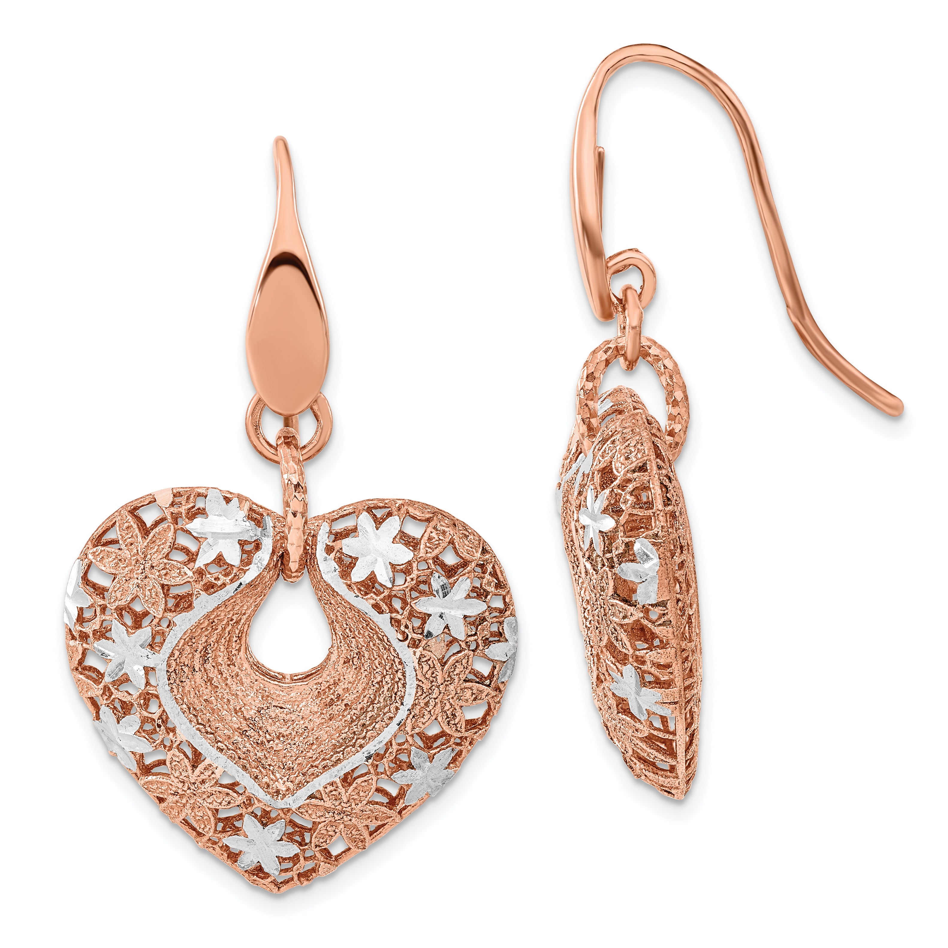 Sterling Silver Rose-tone 24k Flash Plated Diamond-cut Heart Dangle Earrings