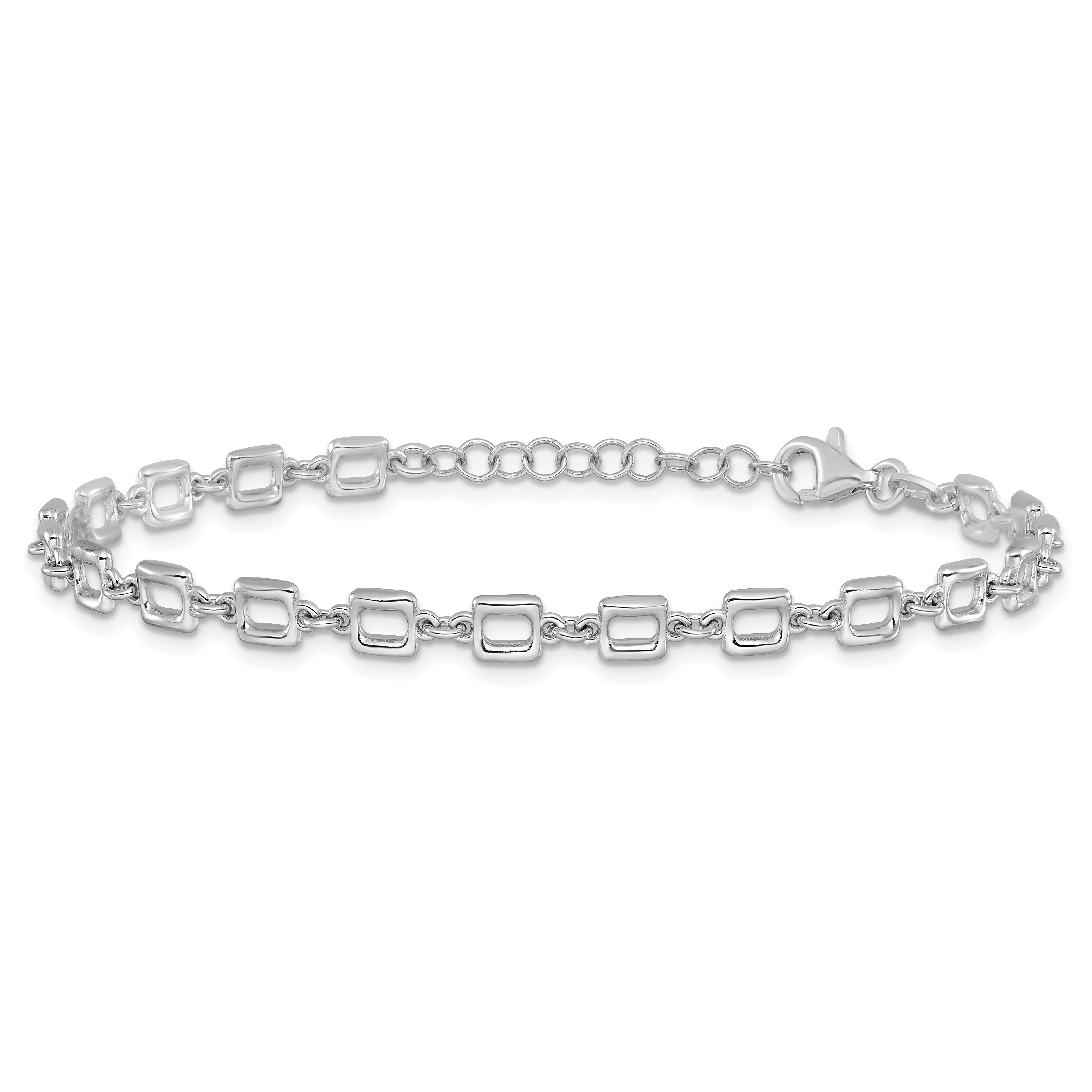Sterling Silver Rhodium-plated Square Link w/1in ext. Bracelet