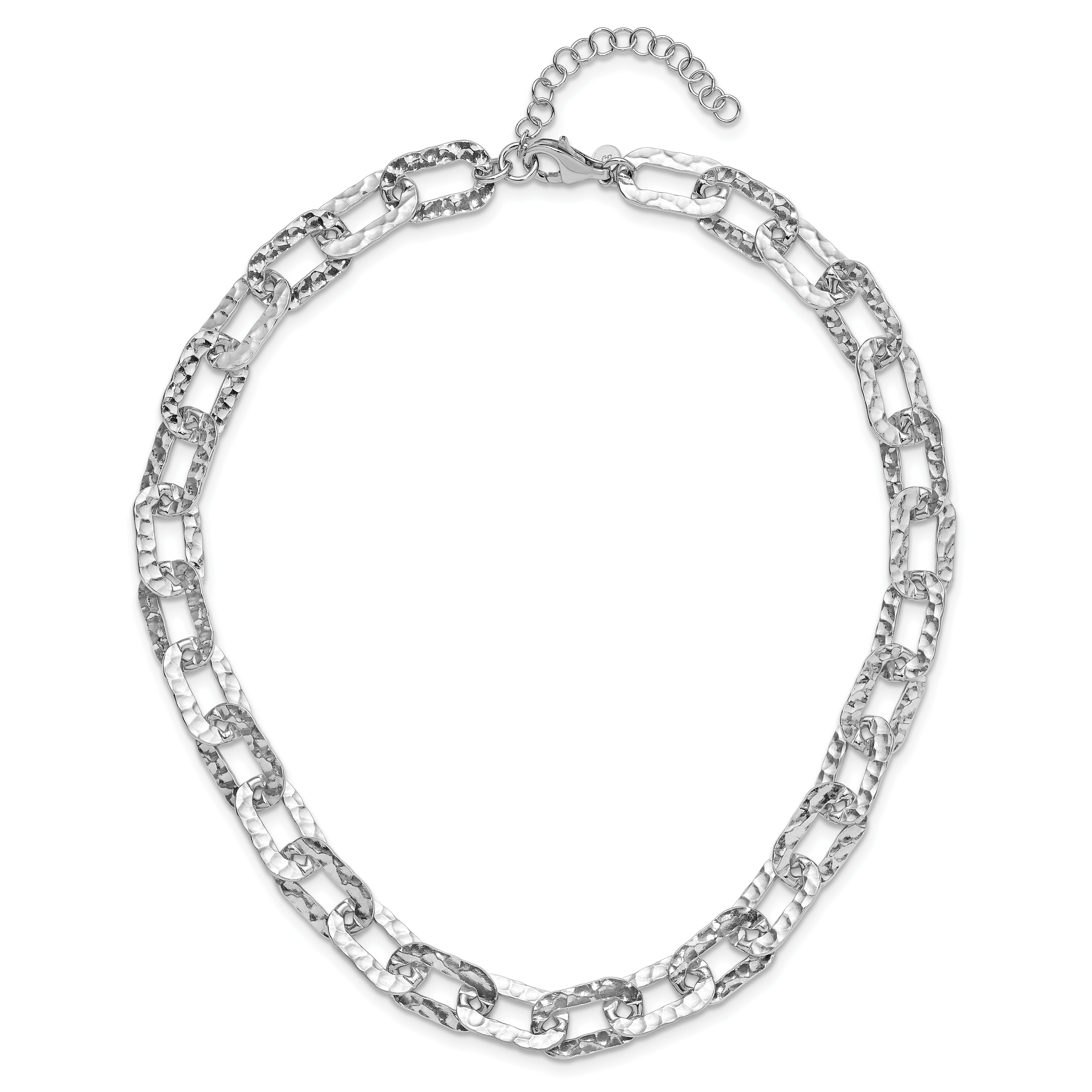 Sterling Silver Rh-plat Polish/Hammered Fancy w/2in ext. Necklace
