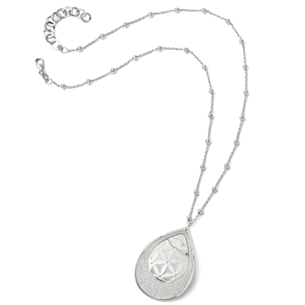 Sterling Silver 925 Polished Beaded Necklace with Glitter Pendant Extension