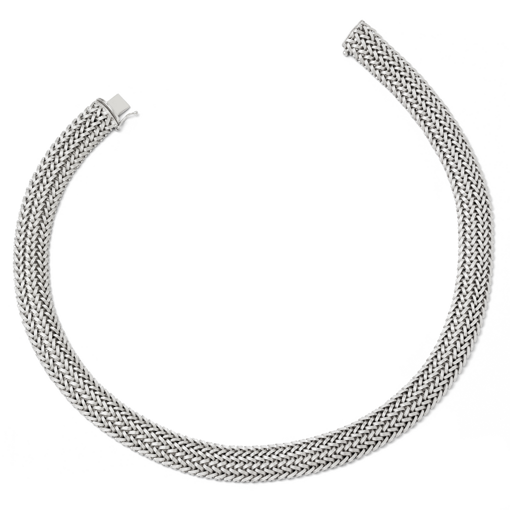 Sterling Silver 925 Polished Mesh Braided Necklace Elegant Fancy Design