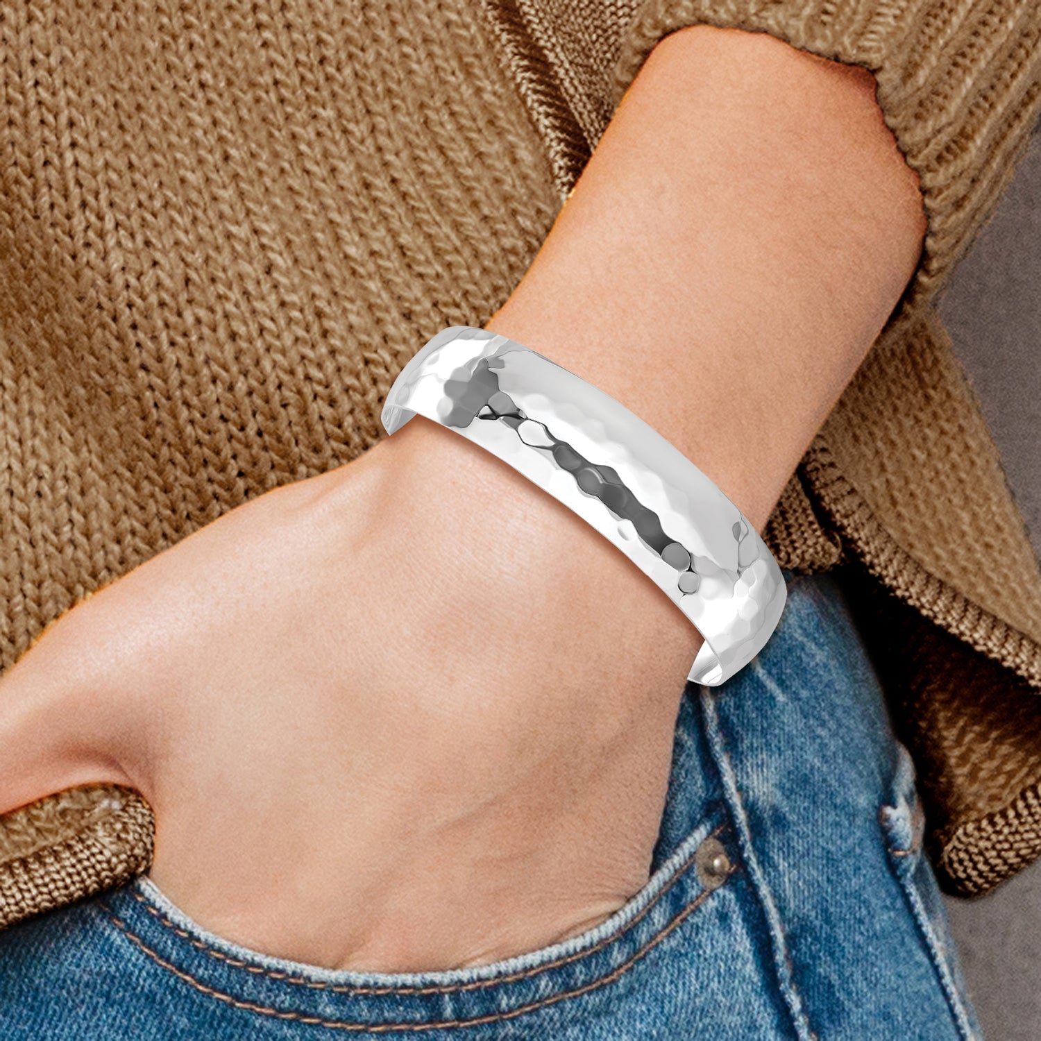 Sophia Jewelers Sterling Silver 925 Hammered Slip-On Cuff Bangle
