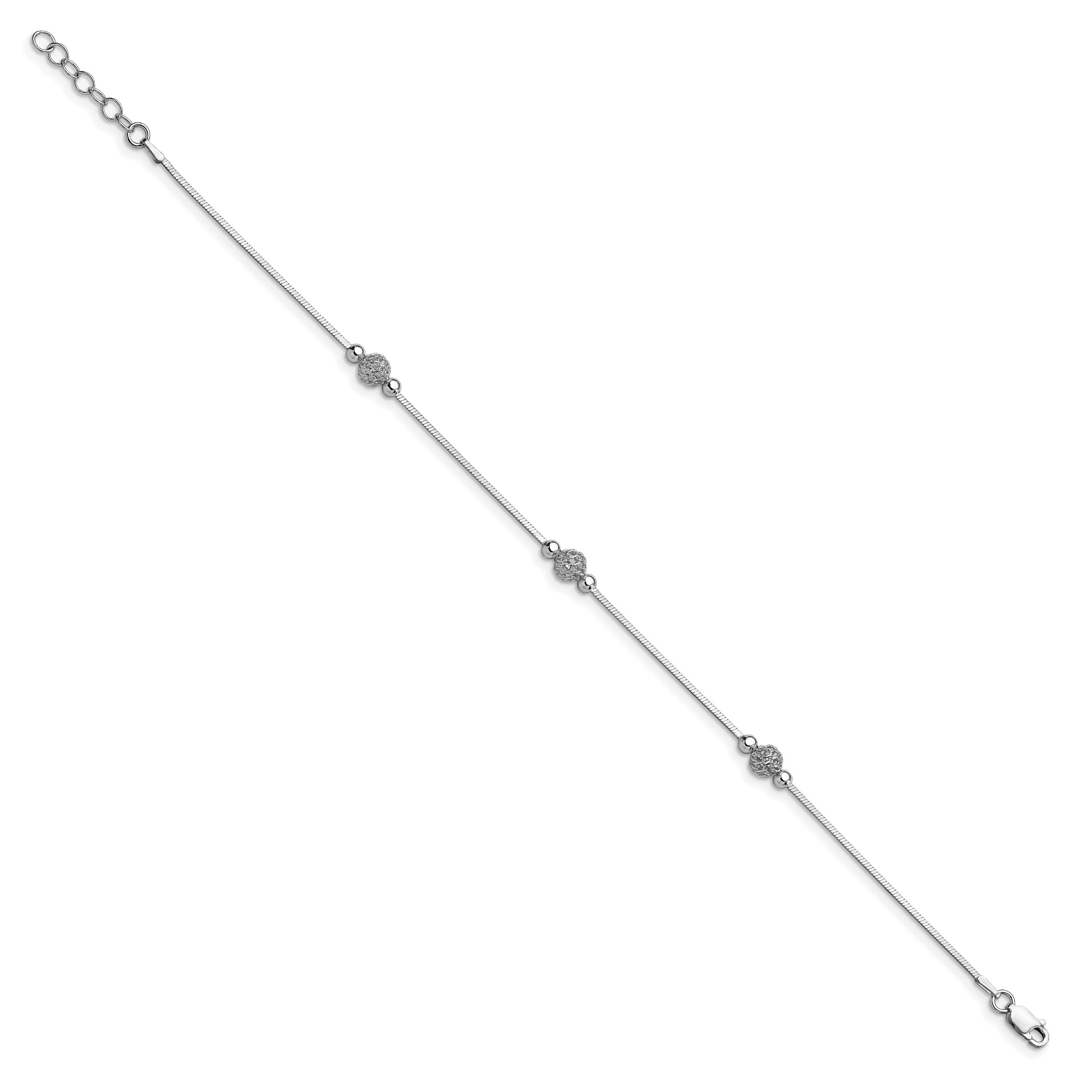 Sterling Silver Polished & Textured Beaded w/1in ext. Anklet Secondary image