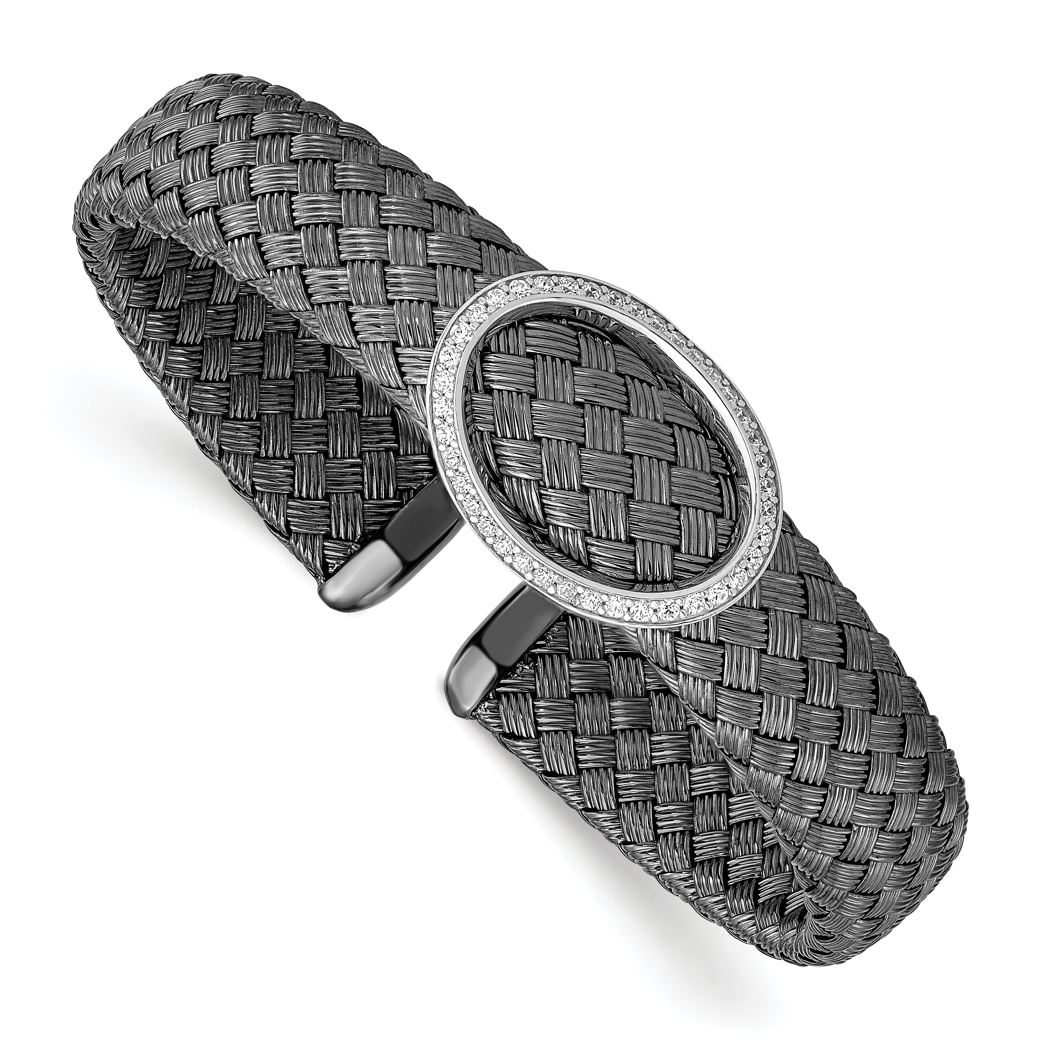 Sterling Silver CZ Black Woven Flexible Cuff Main image