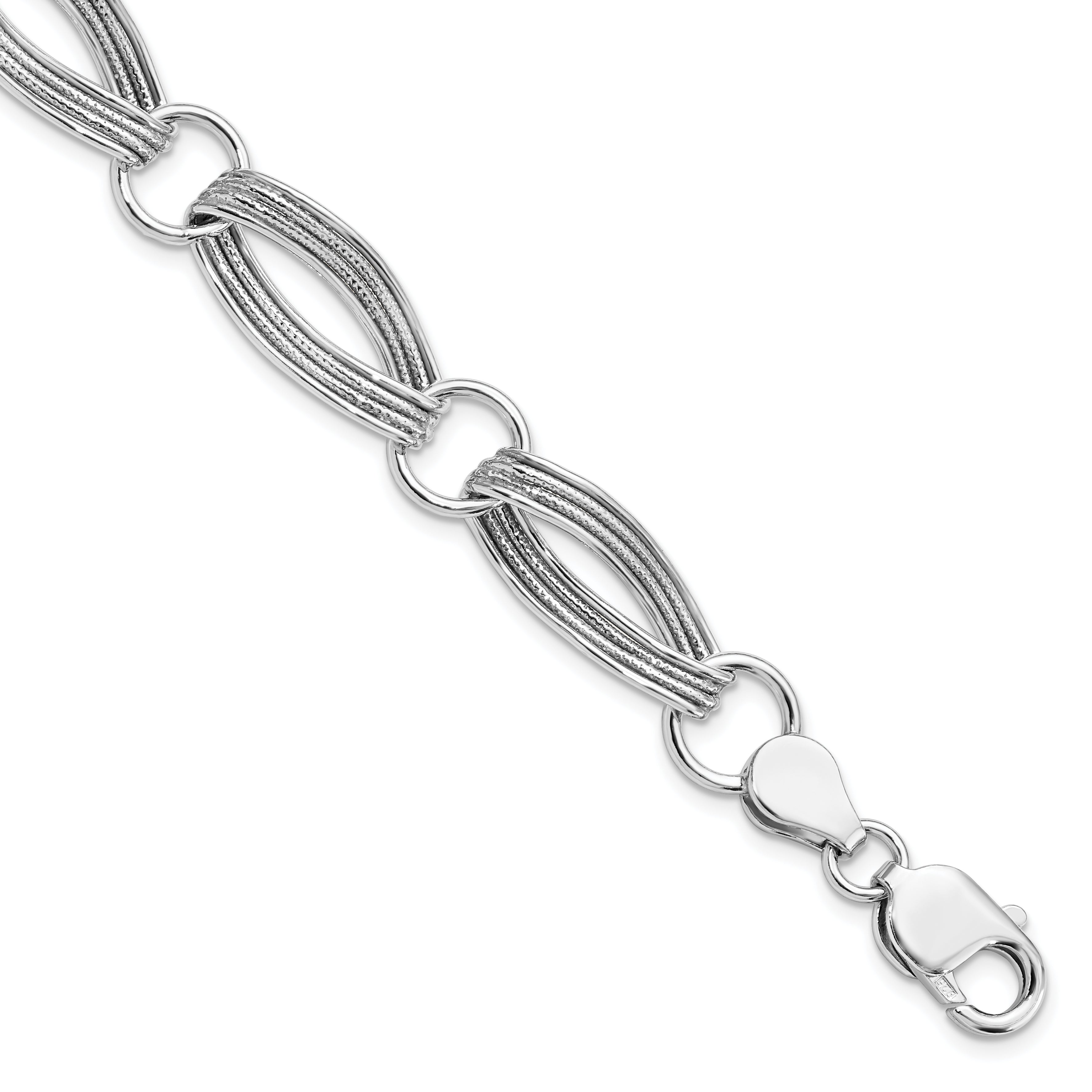 Sterling Silver Rhodium-plated Polished and Textured Link Bracelet