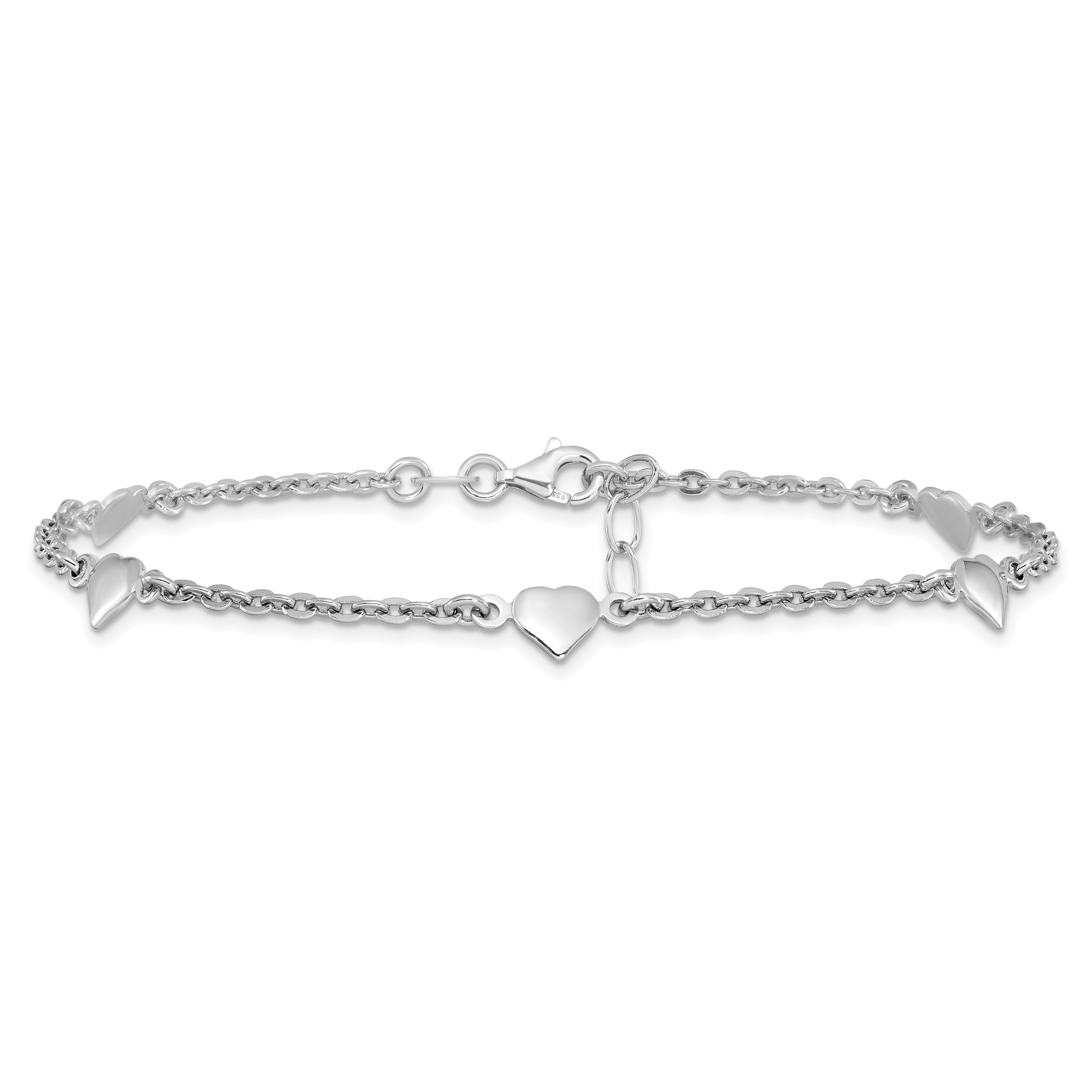 Sterling Silver RH-plated Polished Heart 9in with 1in ext. Anklet