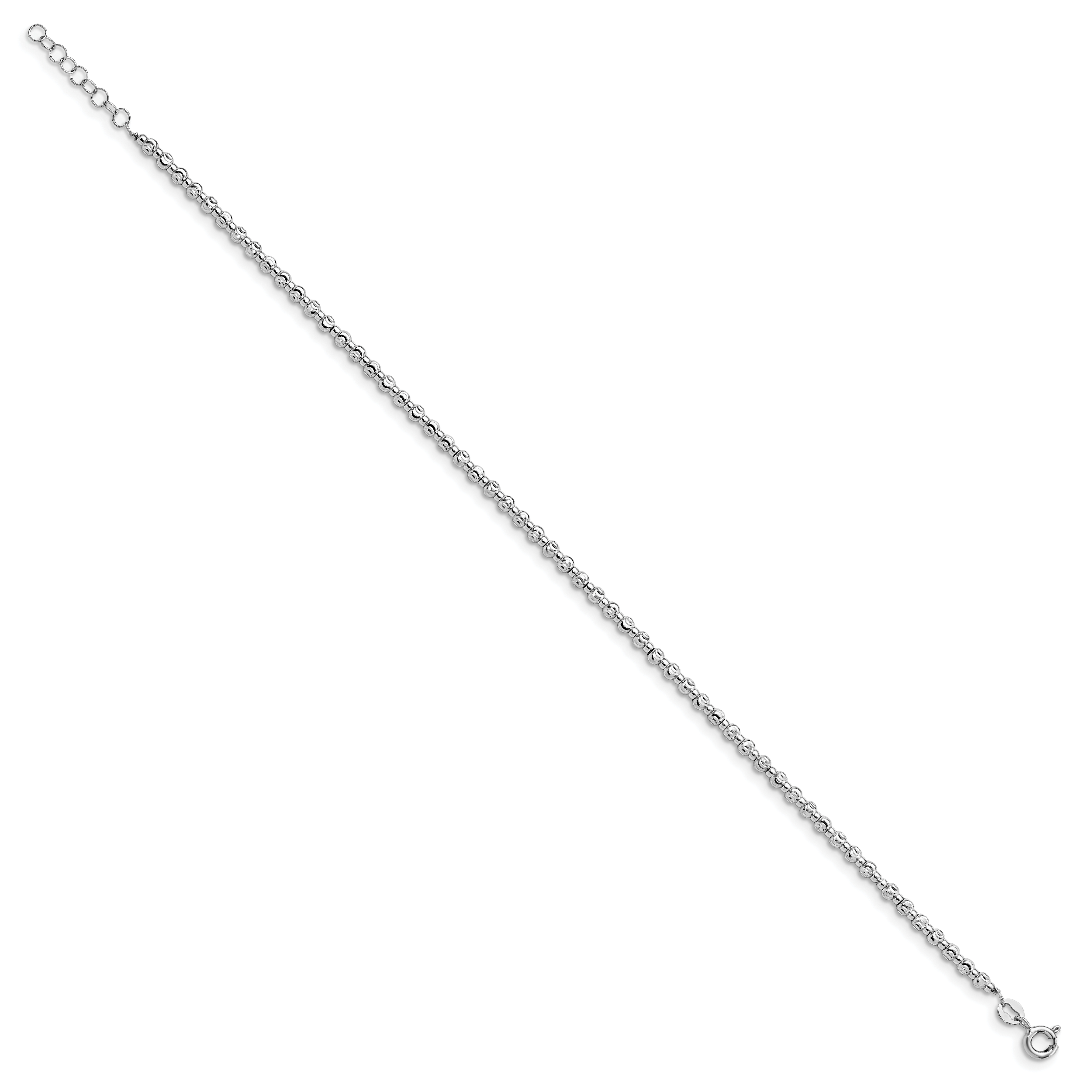 Sterling Silver Rhodium Diamond Cut Beaded w/1in ext. Anklet