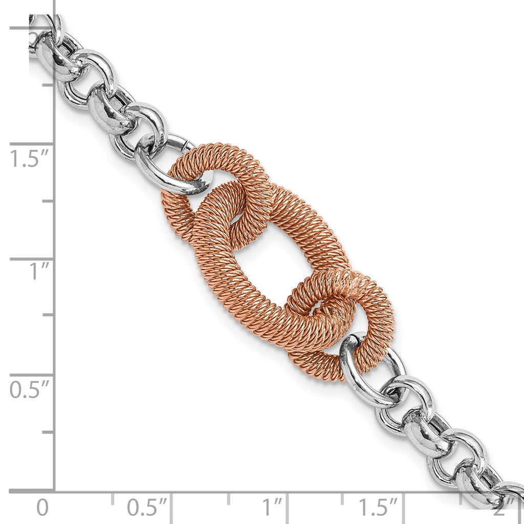 Sterling Silver Rose-tone Polished & Textured Link Bracelet