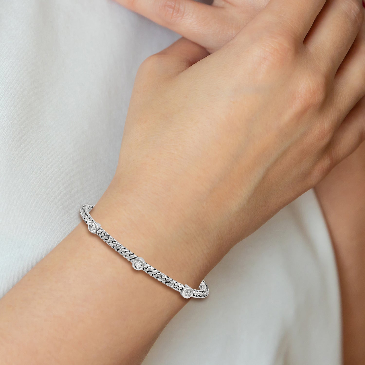 Sterling Silver 925 Flexible Woven Cuff with CZ Rhodium-Plated Elegance