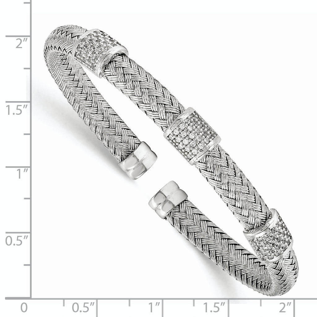 Sterling Silver 925 Woven CZ Flexible Cuff Bracelet Elegant & Polished