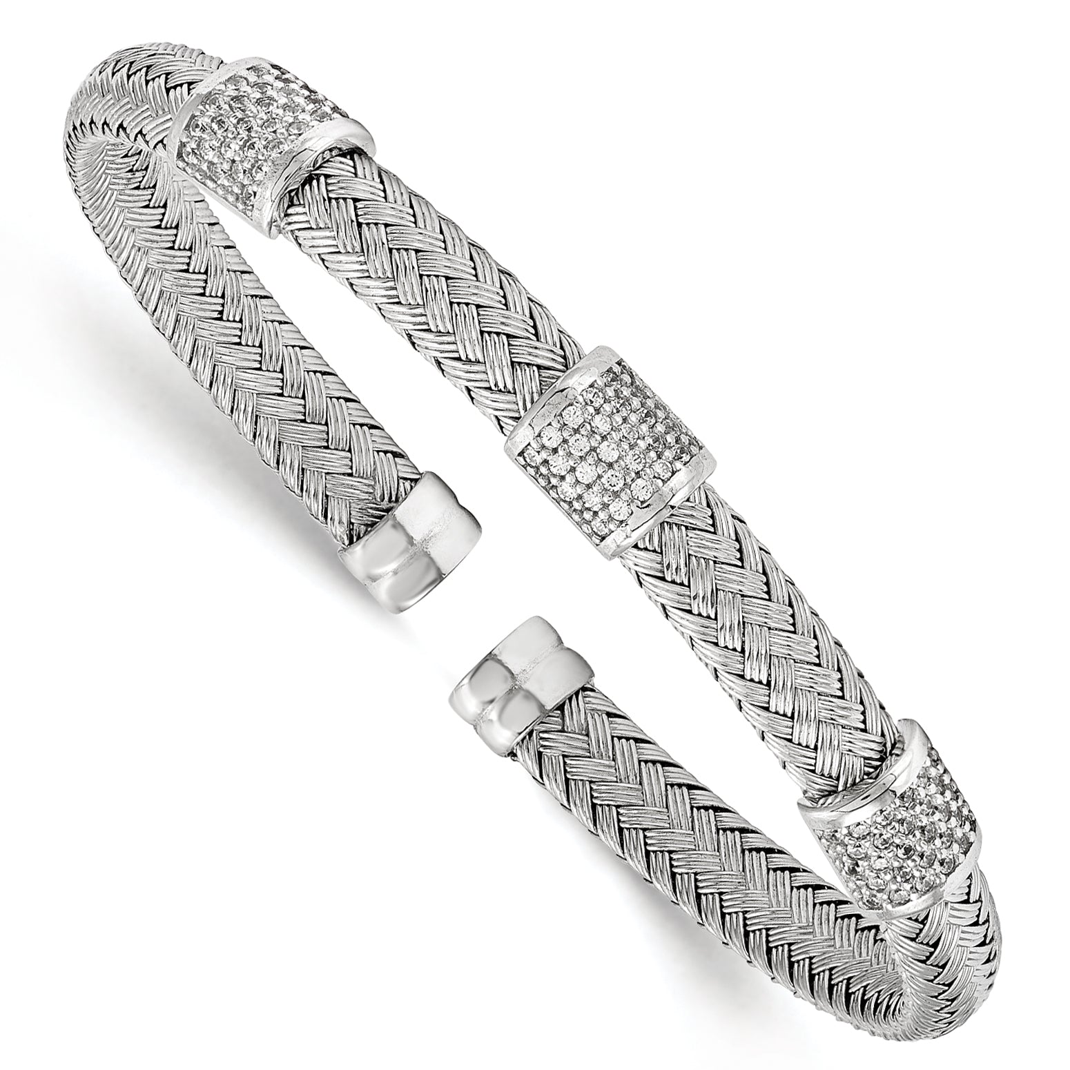 Sterling Silver Rhodium-plated CZ Woven Flexible Cuff Main image