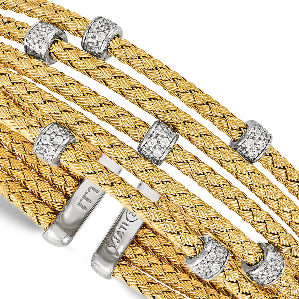 Sophia Jewelers Sterling Silver Gold-Plated Flexible Cuff with White CZ Woven Design