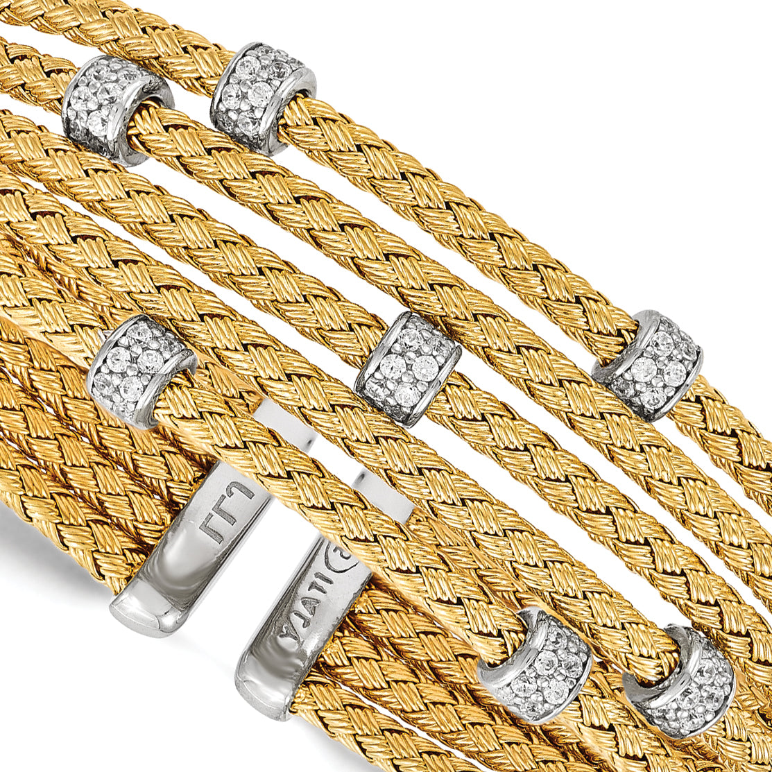 Sophia Jewelers Sterling Silver Gold-Plated Flexible Cuff with White CZ Woven Design