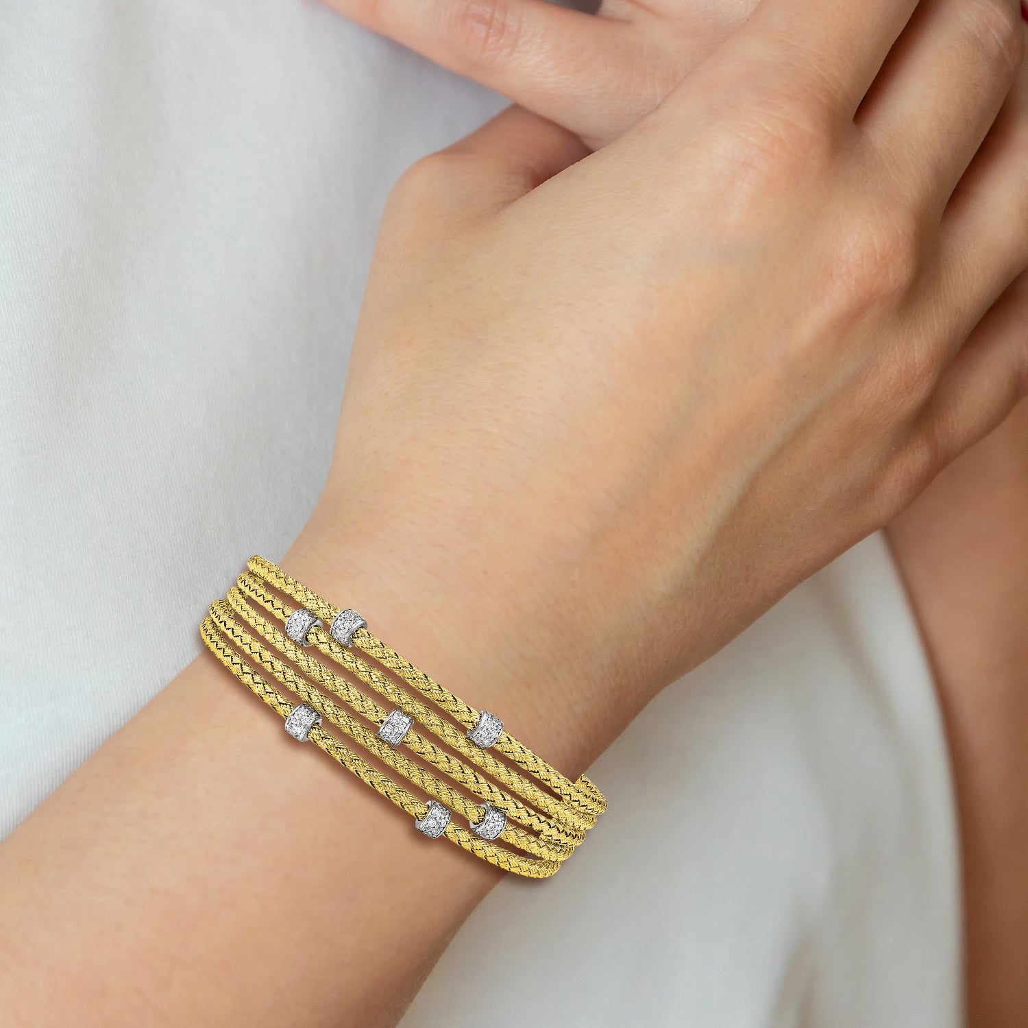 Sophia Jewelers Sterling Silver Gold-Plated Flexible Cuff with White CZ Woven Design
