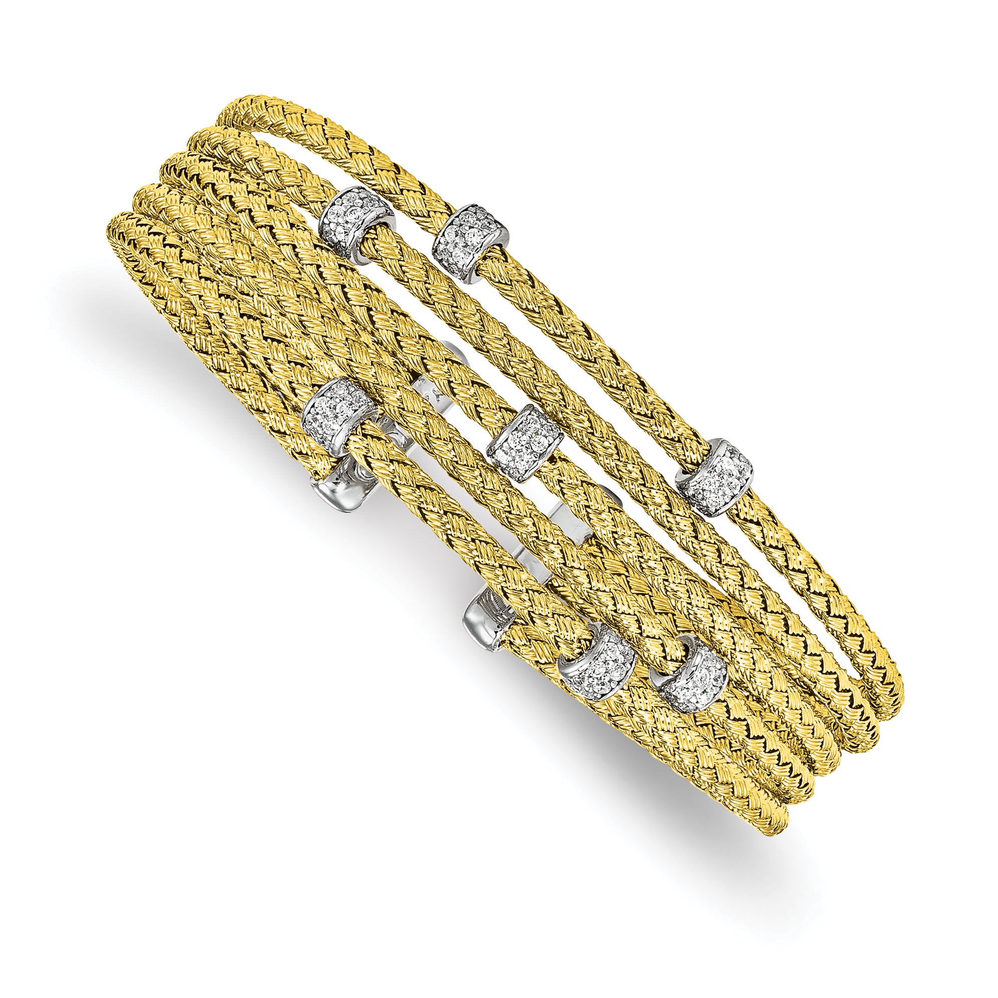 Sterling Silver Rhodium-plated Gold-plated CZ Woven Flexible Cuff Main image