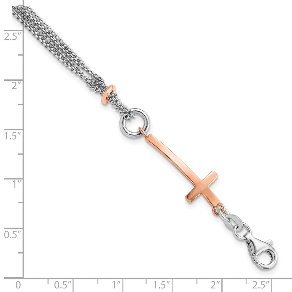 Sterling Silver w/Rose-tone Cross w/1.5in ext. w/Cross Bracelet