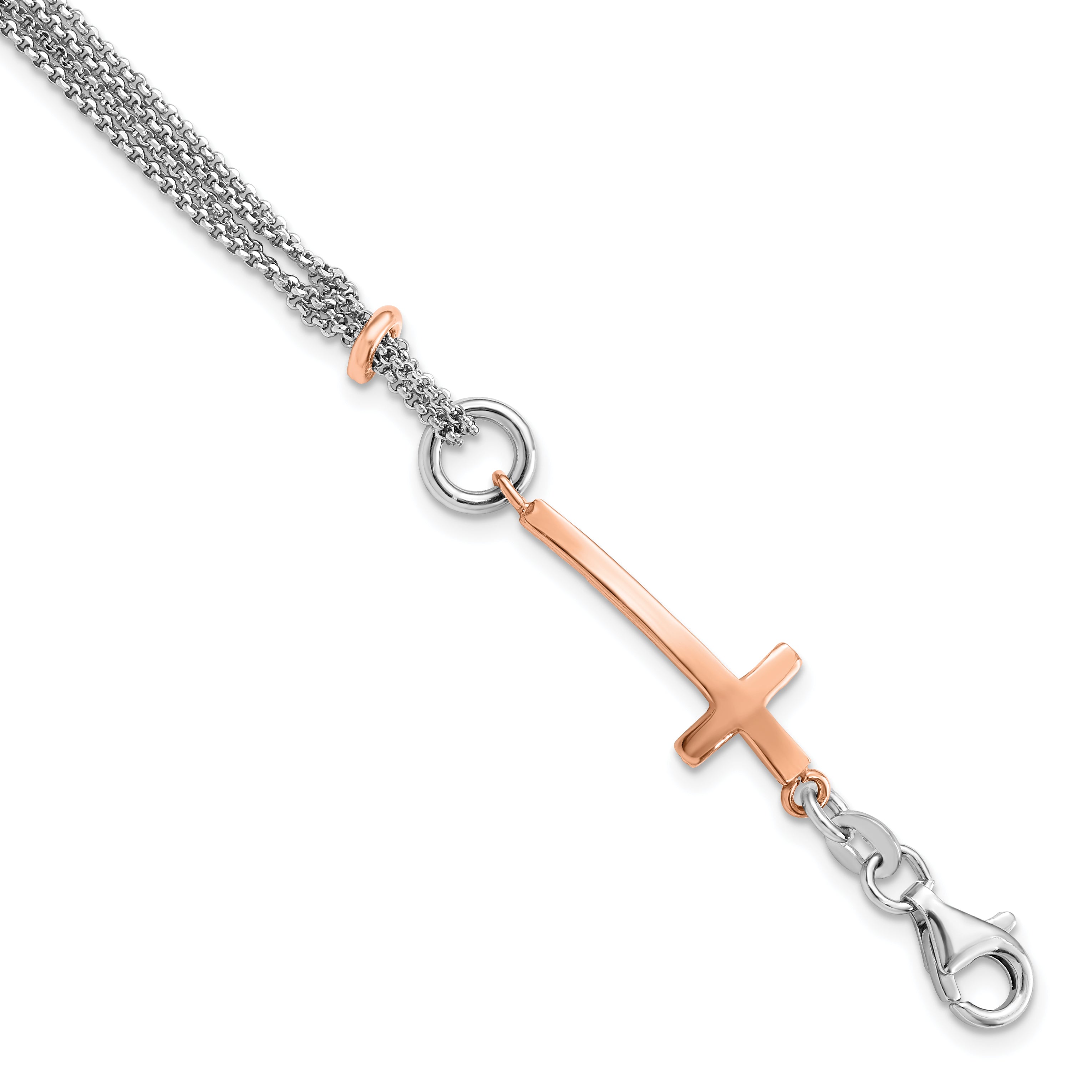 Sterling Silver w/Rose-tone Cross w/1.5in ext. w/Cross Bracelet Main image