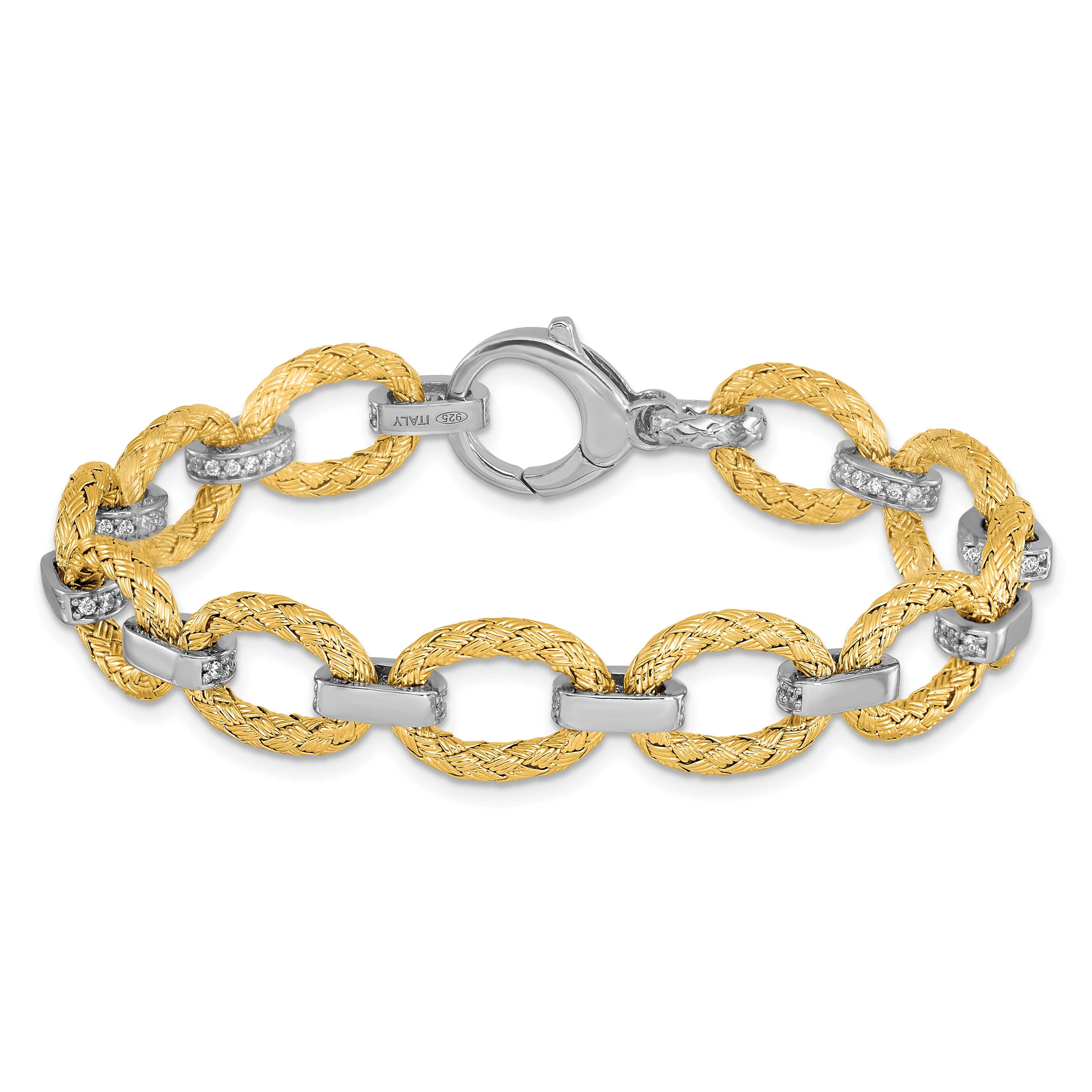 Sterling Silver Rhodium-plated Gold-plated CZ Woven Link Bracelet